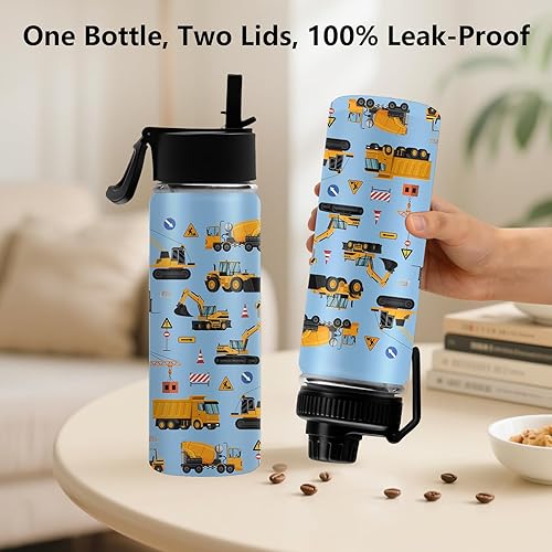 Miniatura 3 de Botella de agua de camión de construcción para niños, vaso a prueba de fugas de 18 onzas con 2 tapas y asa, bota de silicona antideslizante, regalos
