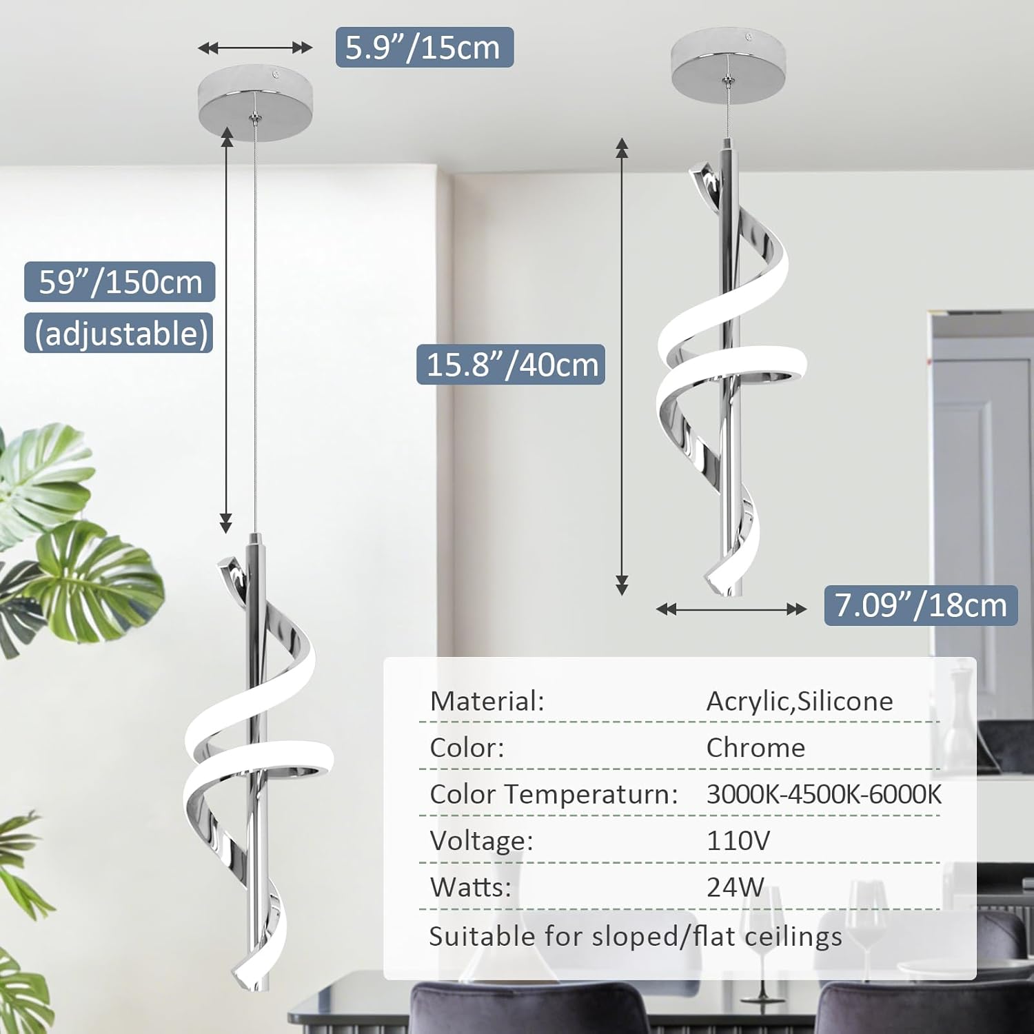 CANEOE Modern LED Pendant Light for Kitchen Island, 3000K-6000K Dimmable Kitchen Island Pendant Lighting for Dining Room Living Room Bedroom Hanging Light Fixtures,1 Pack