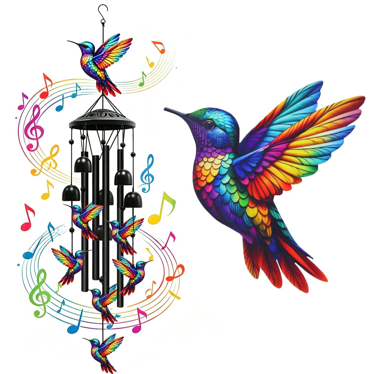 Vintage Colorful Hummingbird Wind Chime With Metal Tubes And Bells, Graceful Hummingbird Wind Chimes, Garden Patio Yard Porch Hanging Decor Gifts For Nature Lovers, Gardeners (Hummingbird)
