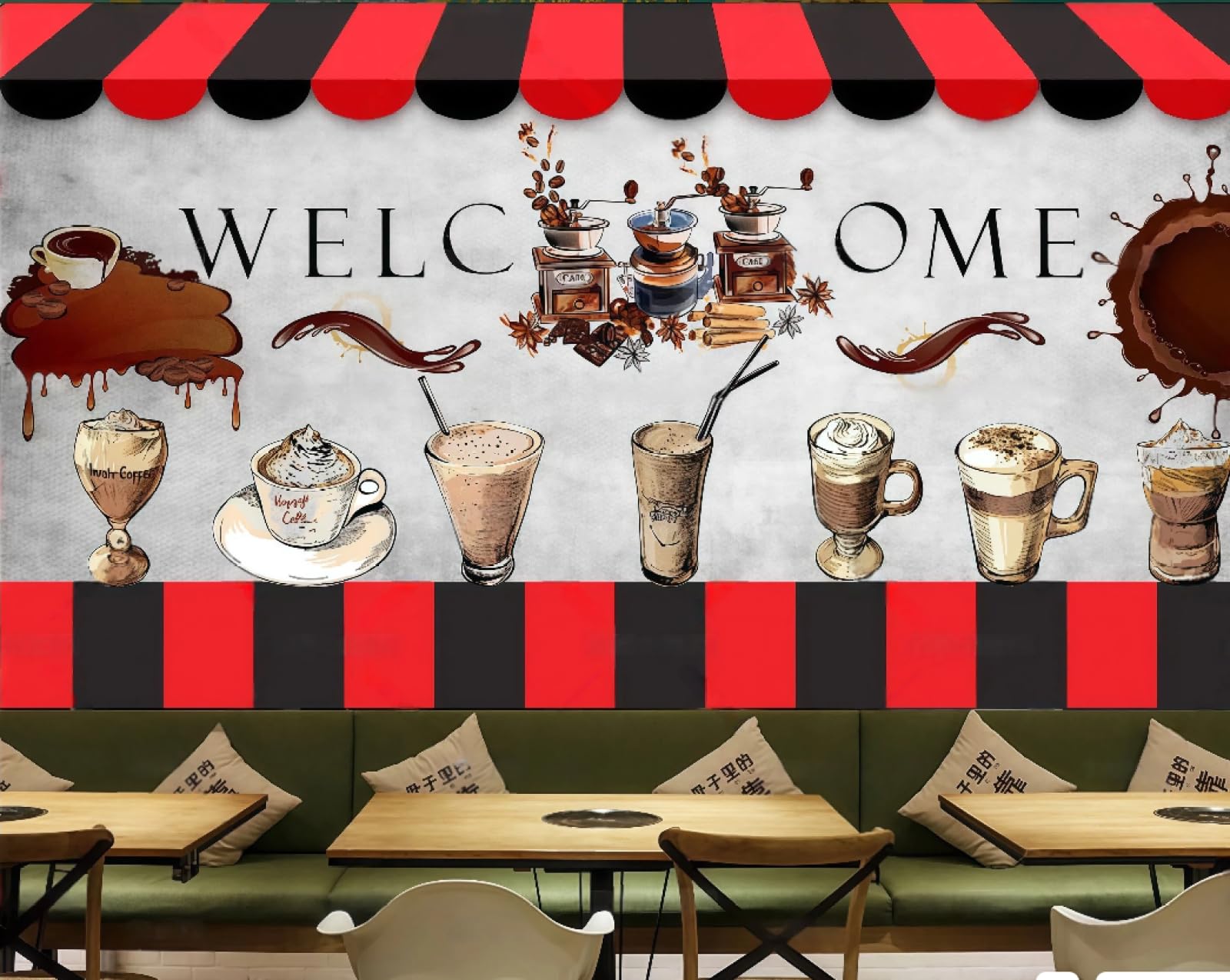 Xdoubao 3D Wallpaper Retro Nostalgic Hand-Painted Coffee Drink Dessert Shop Personalized Coffee Shop Background Mural Western Restaurant Wallpaper,,300X210cm