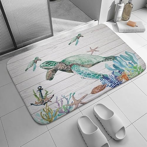 Miniatura 5 de Tapete de baño de tortugas marinas y estrellas de mar en playa de arena y océano sobre tema rústico, tapete de baño de tela, tapete de bienvenida,
