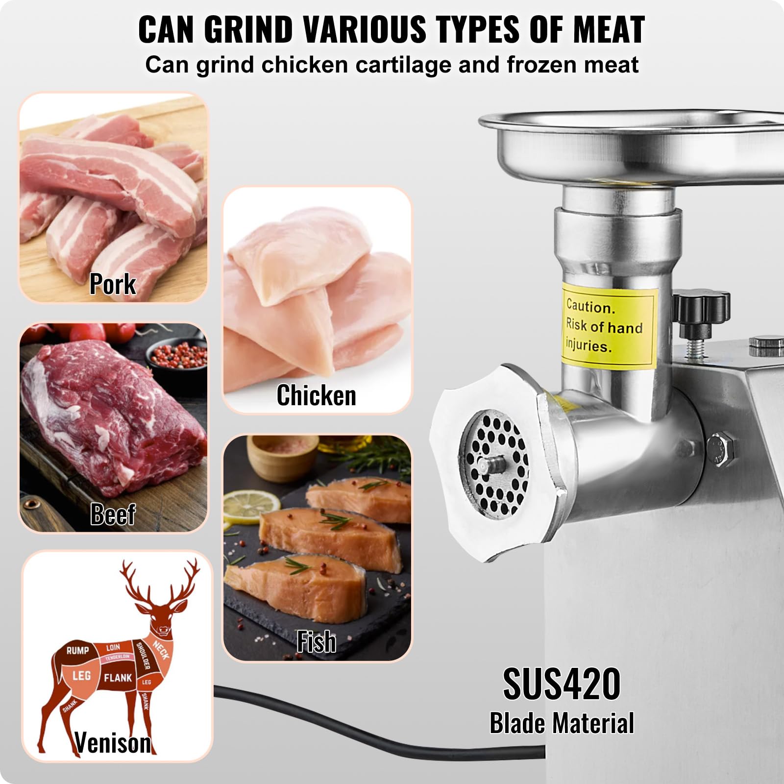 VEVOR Tritacarne Elettrico Efficienza 2,04 kg/min, Tritacarne Industriale da Banco con Lama Macchina per Salsicce con Piastra di Macinazione, Tritacarne Commerciale in Acciaio Inox Cucina Ristorante