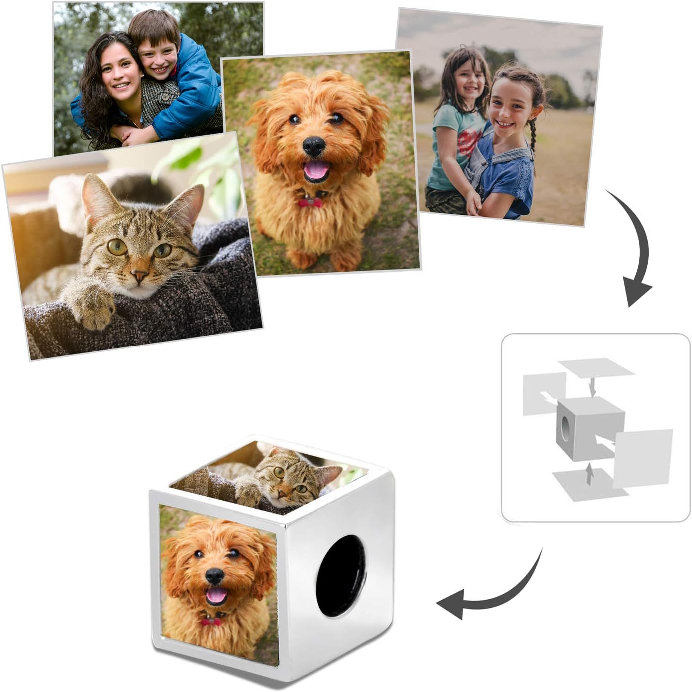 LONAGO Personalized Four-Sided Three-Sided Two-Sided Photo Charm 925 Sterling Silver Customized Bead Holds 2/3/4 Images Pictures Fit Snake Bracelet for Women - Image 2