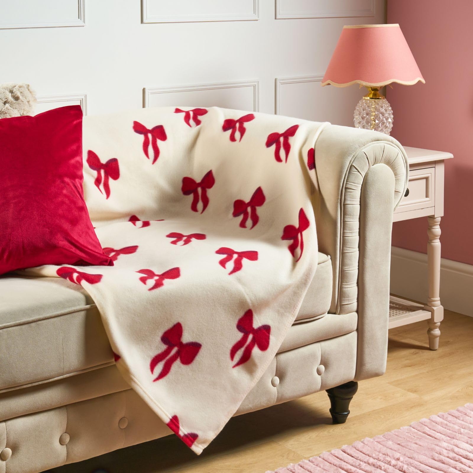 Ohs Women's Cream/Red Christmas Blanket Sofa Throw, Xmas Decorations Soft Warm Cosy Bow Print Polar Fleece Blanket For Bed Settee Christmas Throw Single Bed Throws Gifts For Girls, - 120 X 150Cm