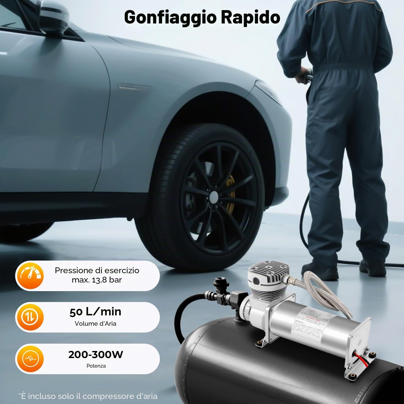 Compressore d'aria per auto, 12 V, 200 PSI, motore in rame, compressore portatile, gonfiaggio pneumatici fuoristrada, 50 l/min, sistema di sospensioni, 11,8 x 3,9 x 6,5 pollici, 72 dB, silenzioso