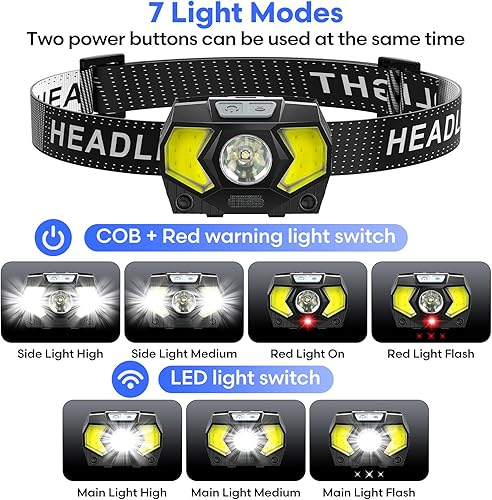 Miniatura 3 de PLUSINTO Faro LED alimentado por batería, faro COB 2 piezas 1500 lúmenes, pilas AAA incluidas, 7 modos de luz con luz roja, faros IPX5 impermeables