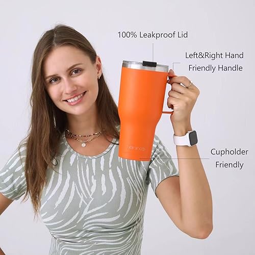 Miniatura 2 de Vaso de 40 oz con asa y popote, vaso aislado con asa a prueba de fugas, vaso grande con tapa y popote (naranja)