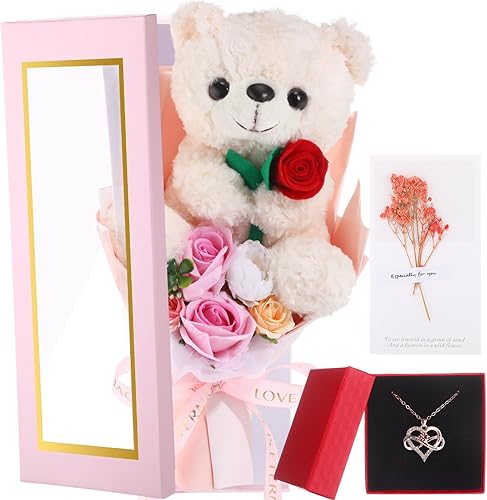 Miniatura 8 de PullCrease Ramo de rosas de flores preservadas con oso, caja de regalo de lujo de 23.5 pulgadas que incluye flor artificial, oso, collar, tarjeta de