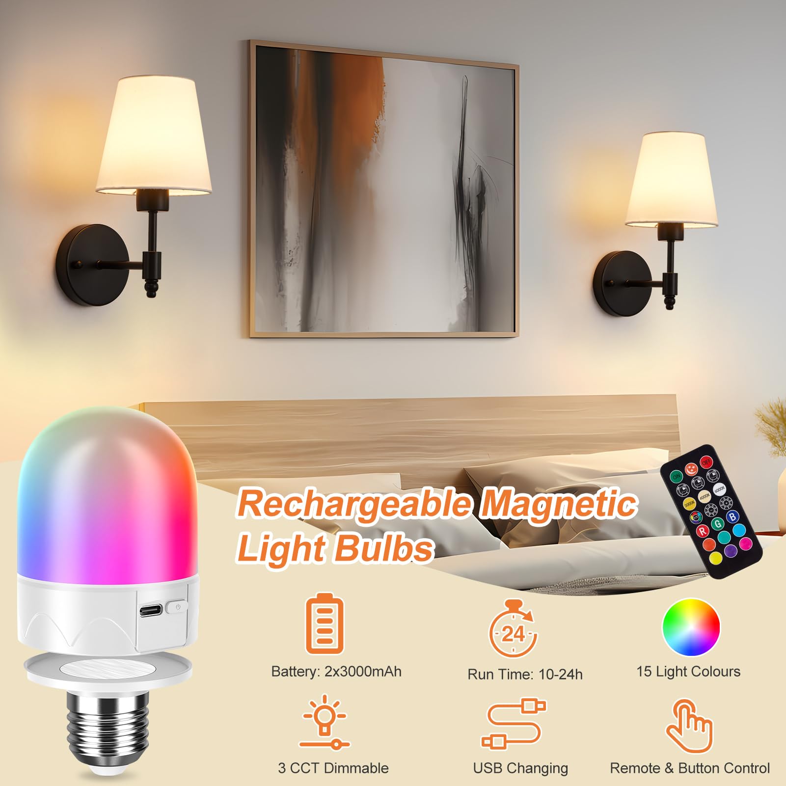 HARPER LIVING Set di 2 lampade da parete a batteria, lampade da parete in tessuto con lampadine ricaricabili e telecomando, 3 CCT e 9 RGB, dimmerabili, senza fili, per camera da letto, soggiorno