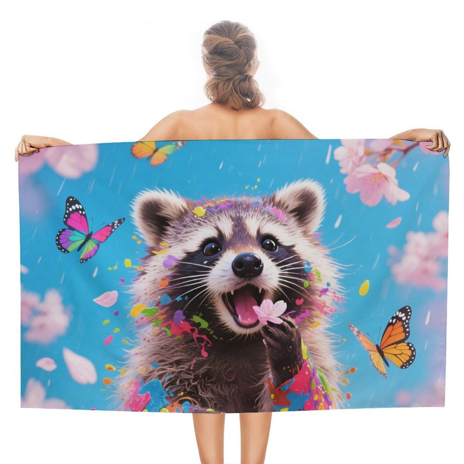 asbwuo Sakura Raccoon Beach Towels Extra Large Quick Dry Absorbent