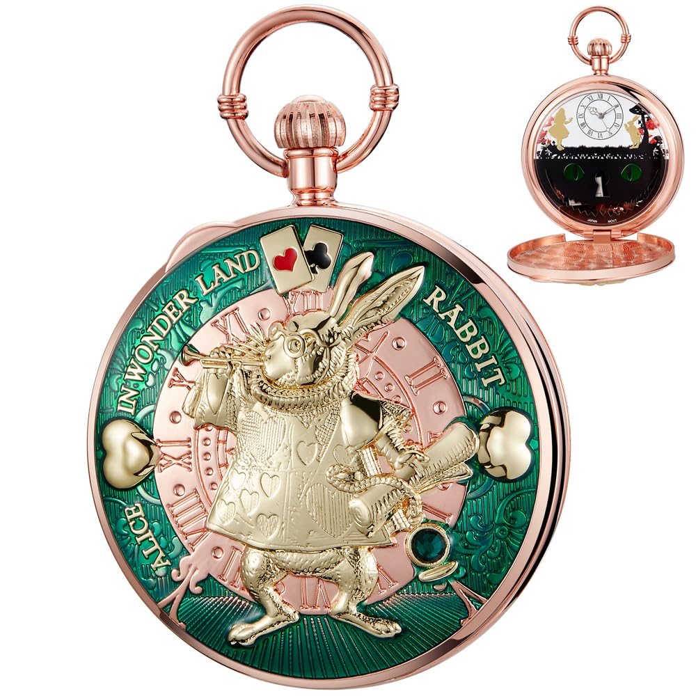 Tiong Orologio da taschino Alice nel paese delle meraviglie con carillon a manovella, con catena, regalo di compleanno e laurea
