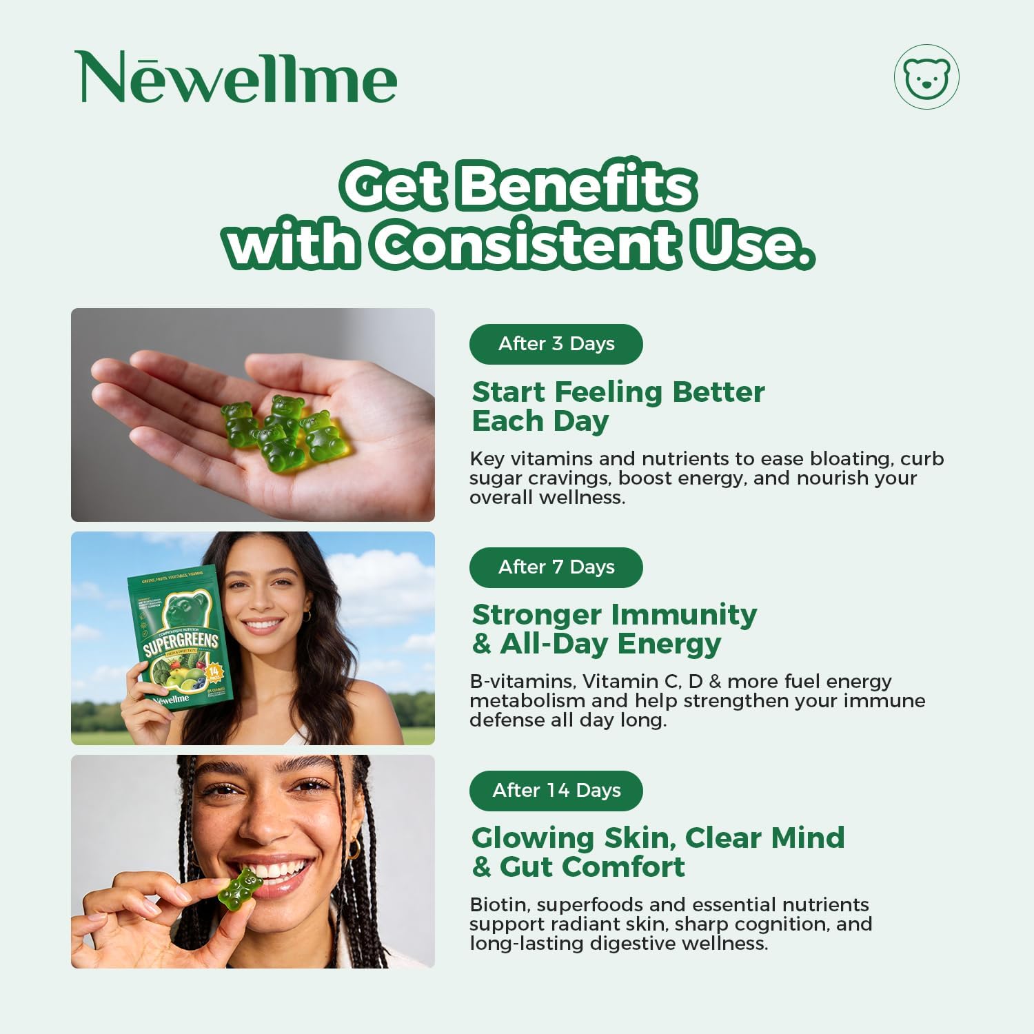NEWELLME Daily Super Greens Gummies - 6g Fiber per Serving - Sugar-Free, Vegan & Gluten-Free - Essential Multivitamin with Probiotics for Digestive Health, Energy & Immunity - 14 Grab-and-Go Packs