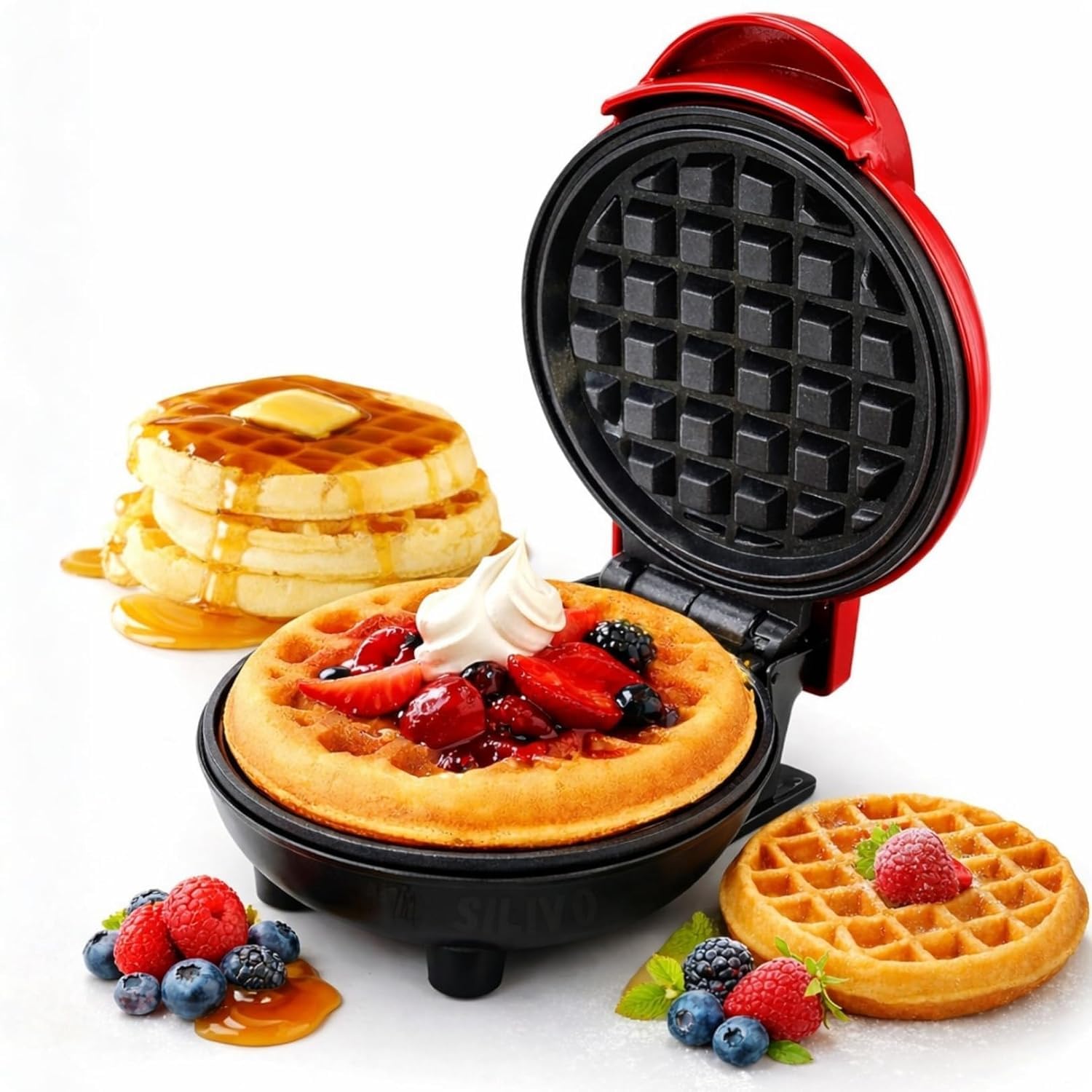 Mini Electric Waffle Maker Machine | Non-Stick Round Waffle Iron | Compact Breakfast Maker for Crispy Waffles, Pancakes & Desserts | Easy to Clean | Red-image-19