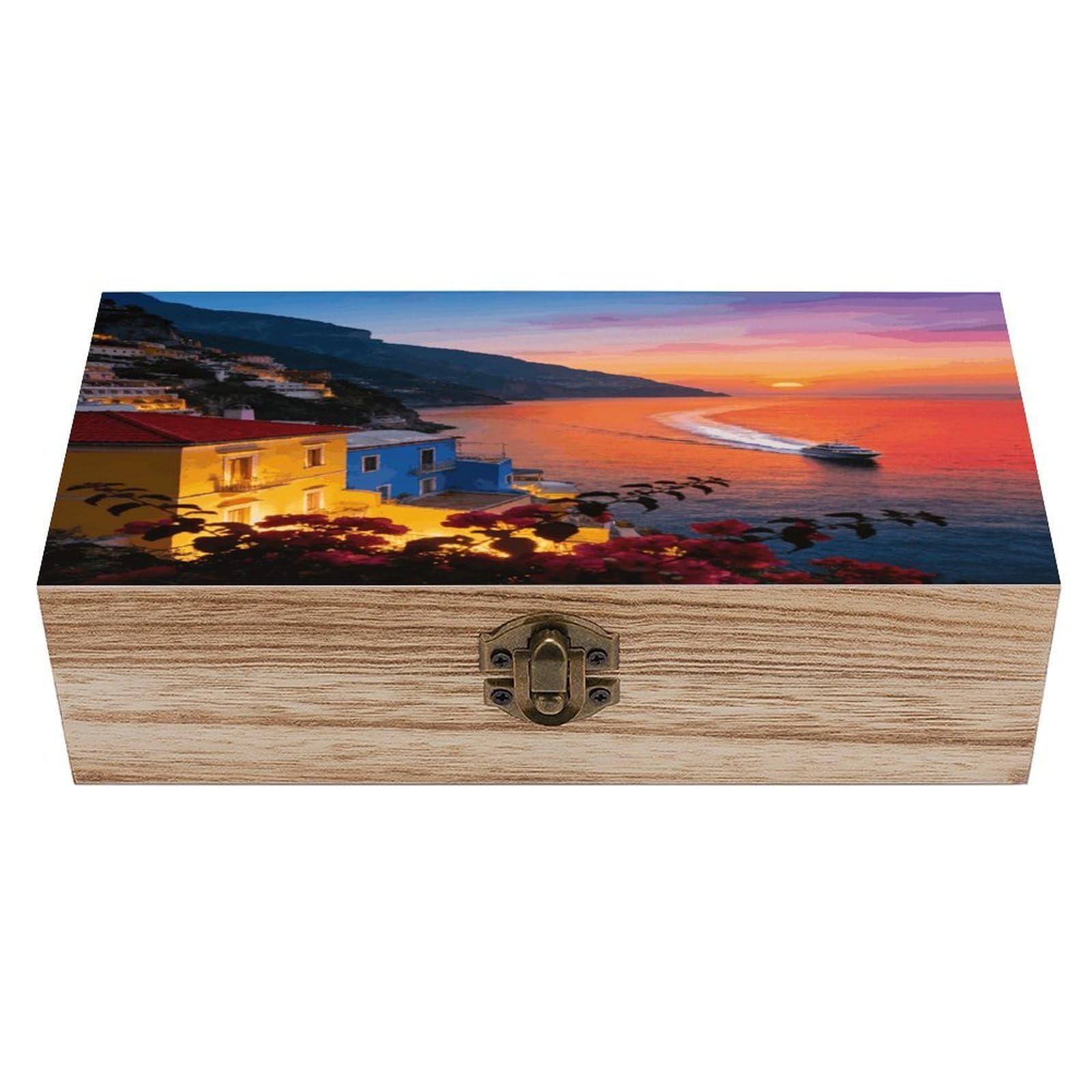 asbwuo Sunset Boat Song Wood Keepsake Box Wooden Box with Hinged Lid