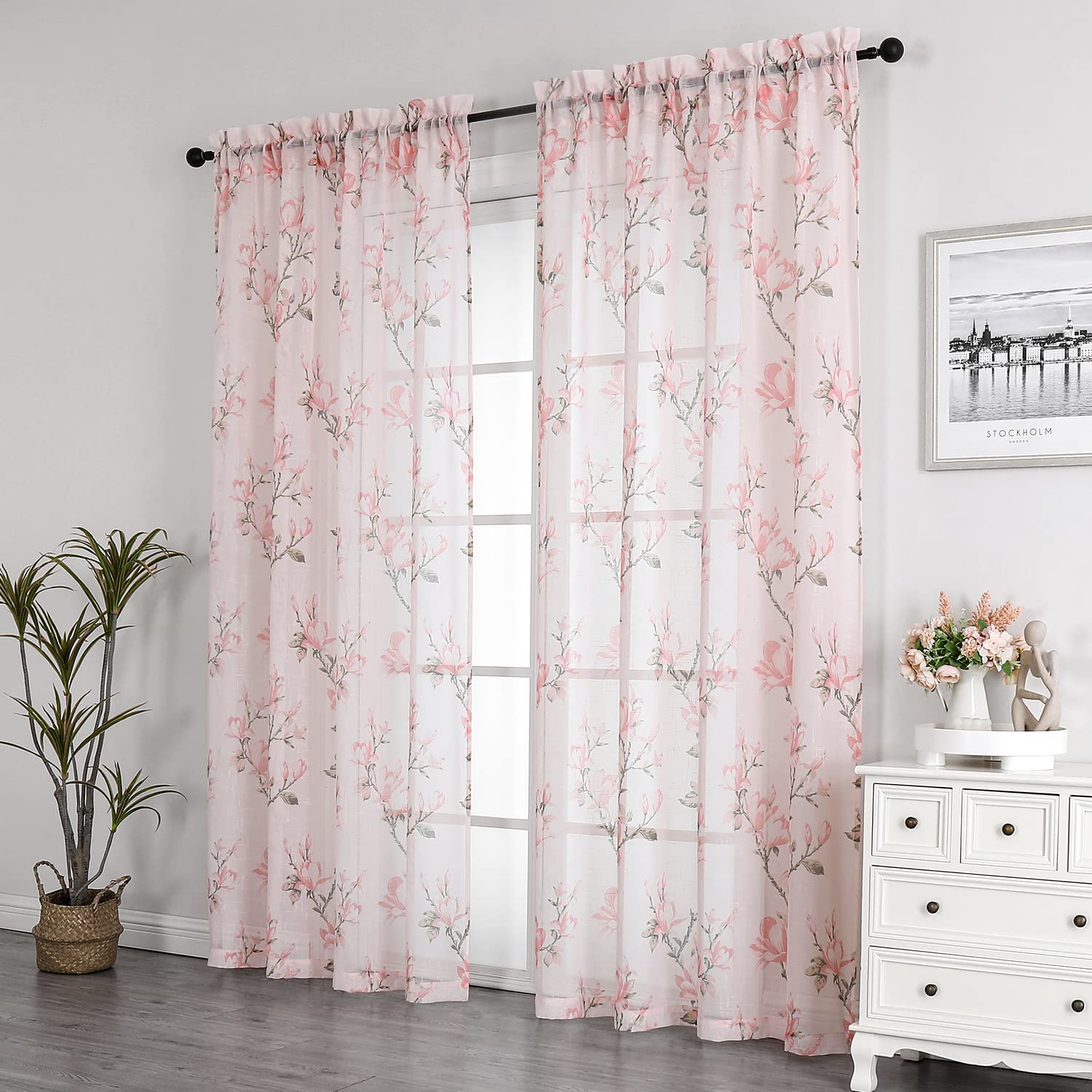 SMILE WEAVER Tende velate rosa cipria, lunghezza 160 cm, per soggiorno, con motivo floreale, in voile di lino testurizzato, con tasca per asta, per camera da letto/cucina, 2 pannelli