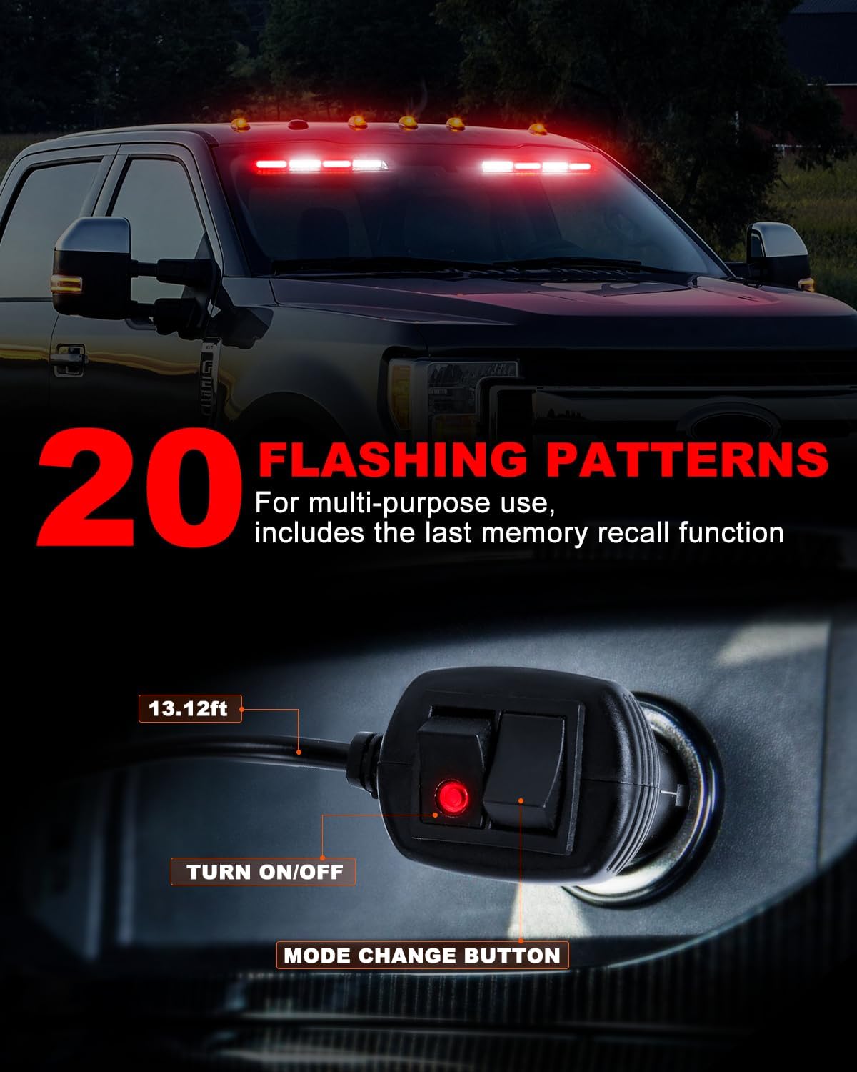 HLauto 6Z4J Emergency Dash Strobe Lights: 2x16.8 inch Red White Safety Lights, 48 LED Flashing Warning Hazard Interior Windshield Visor Traffic Light Bar for Trucks, Construction Vehicles