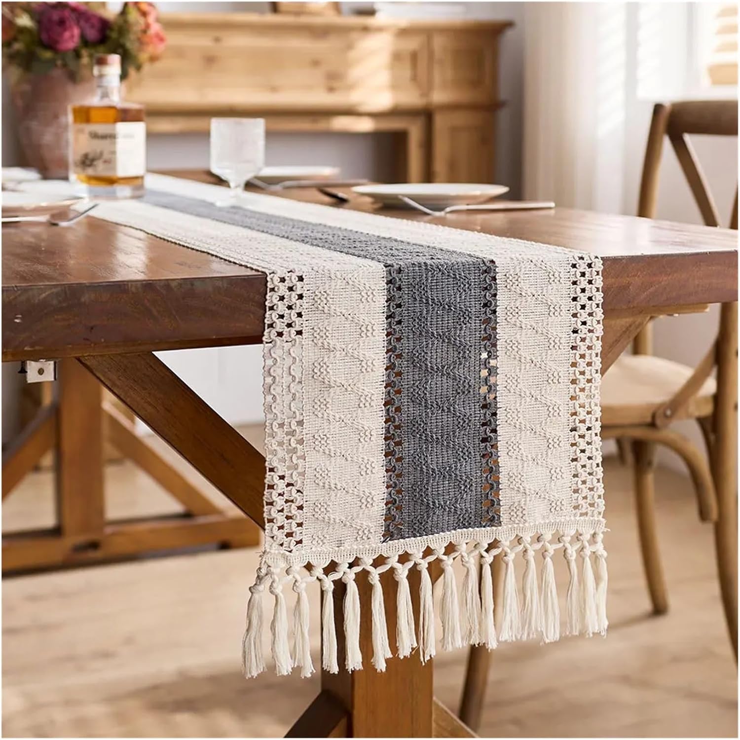 Multi-Color Table Runner Nordic Hollow Tassel Tablecloth Table Decoration Home Coffee Table Shoe Cabinet Cover Towel(White Grey,30X180cm)