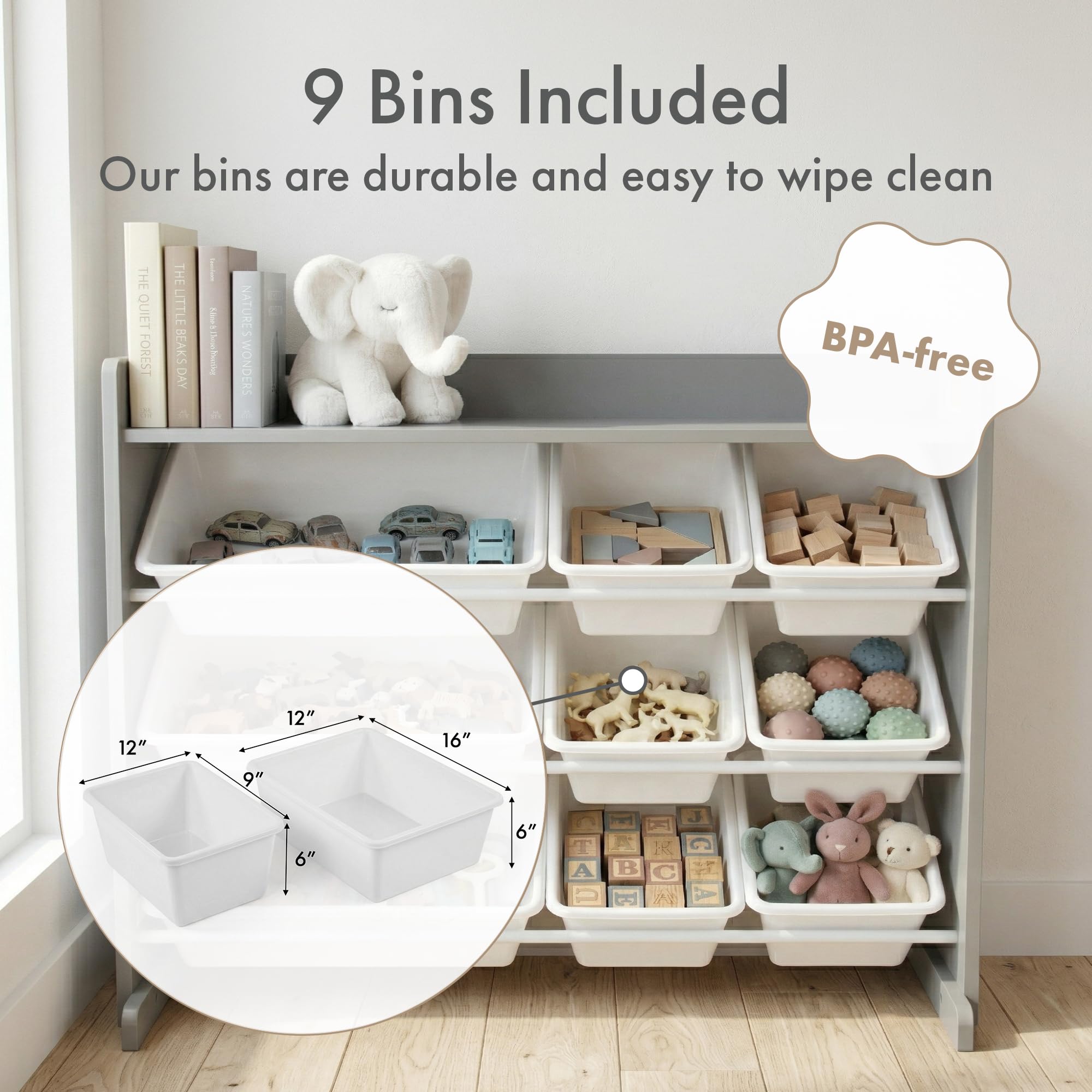 Humble Crew Scaffale Bambini Elegante: Organizer Giocattoli con 9 Contenitori, Design Grigio/Bianco Moderno, Perfetto per Camerette Chich e Ordinata