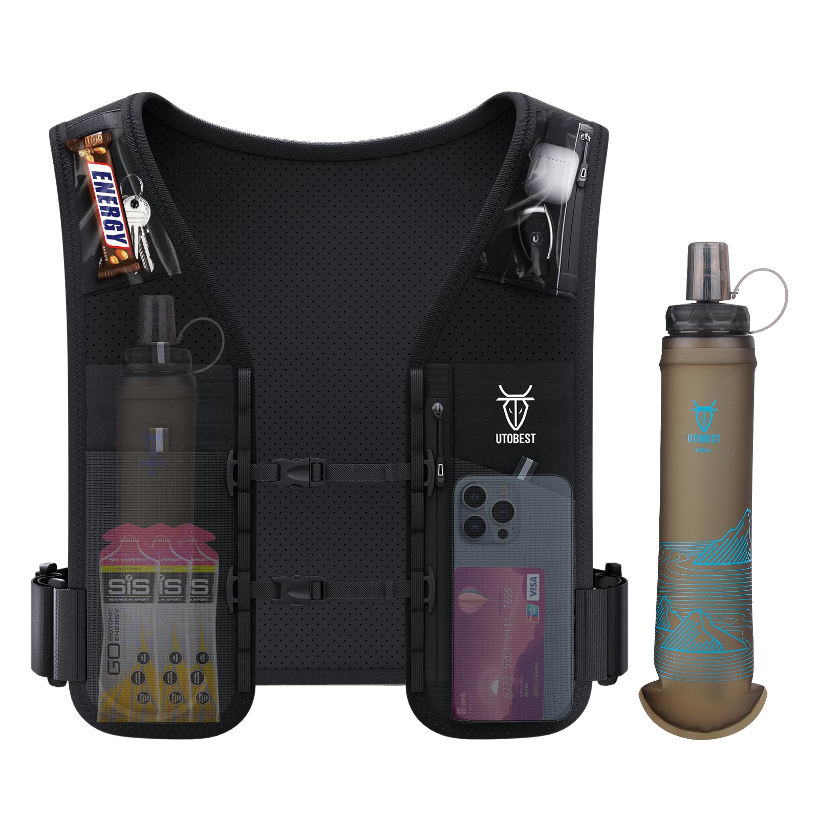 UTOBEST Gilet corsa, zaino idratazione riflettente con bottiglie 500ml, Taglia M