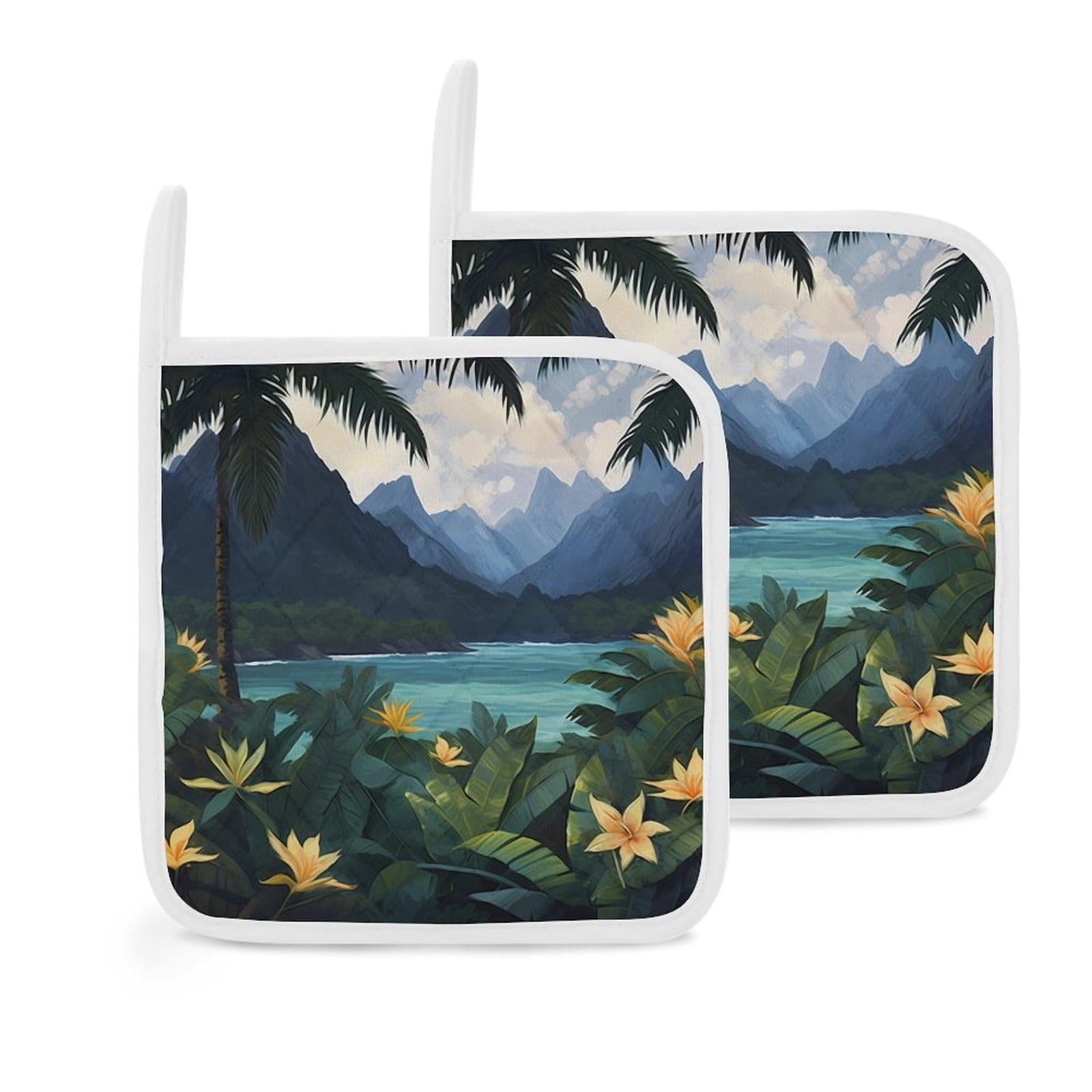 Pot Holders Set of 2 Kitchen Heat Resistant Potholders Hawaiian Cotton Lining Oven Hot Pads for Cooking Baking BBQ Microwave Kitchen Accessories