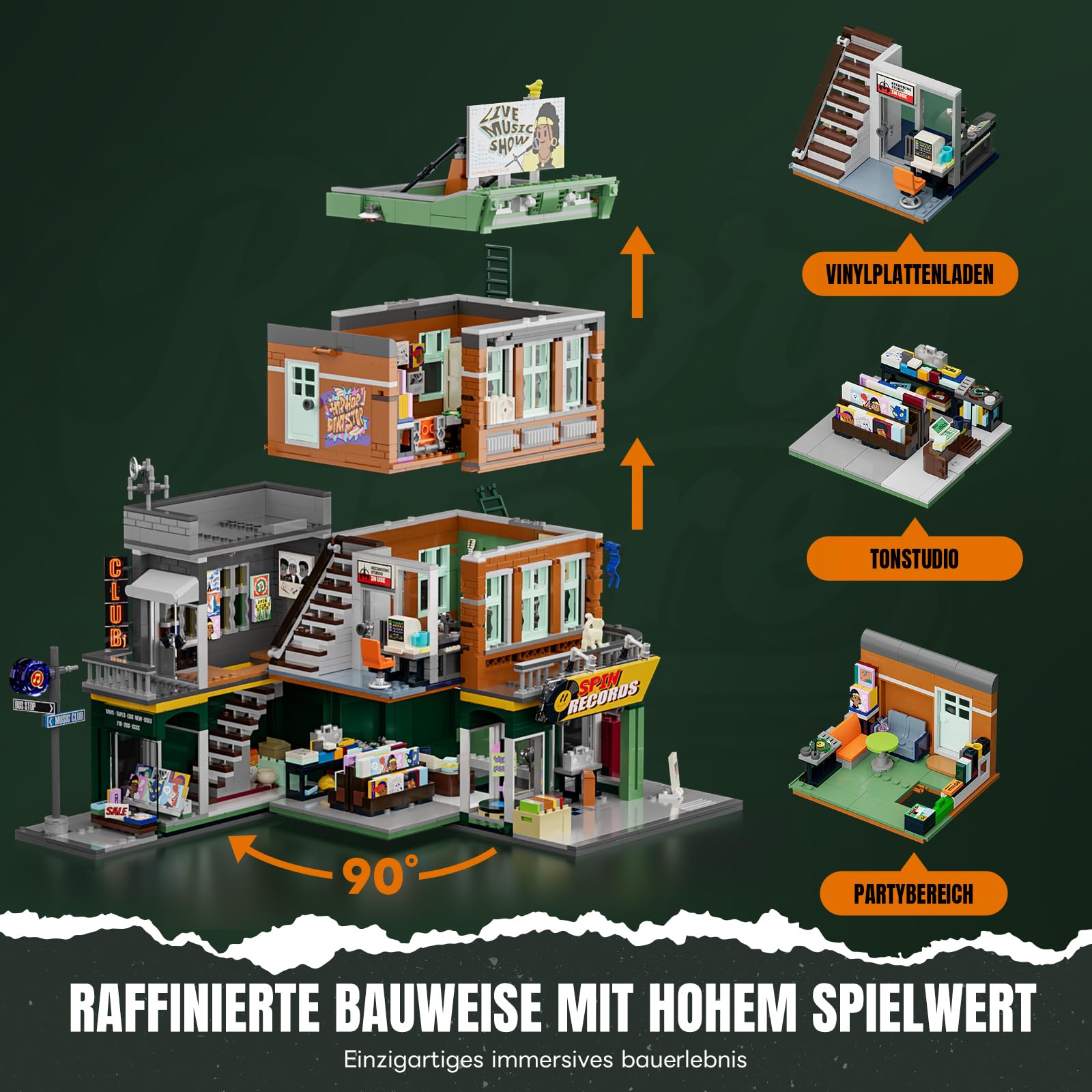 Lumibricks Plattenladen Beleuchtung Klemmbausteine Haus - 1980 Pcs Street Fusion Audio Shop, Multi-Form Modular Building Sammlung Kit für Erwachsene & Musikliebhaber