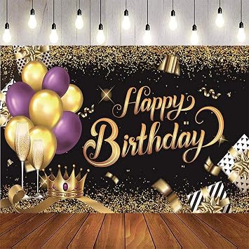 Happy birthday background banner black purple gold balloon poly crown logo poster photo booth background 70.8 x 45.2 inches for men and women, boys, men, girls, ladies birthday party decoration