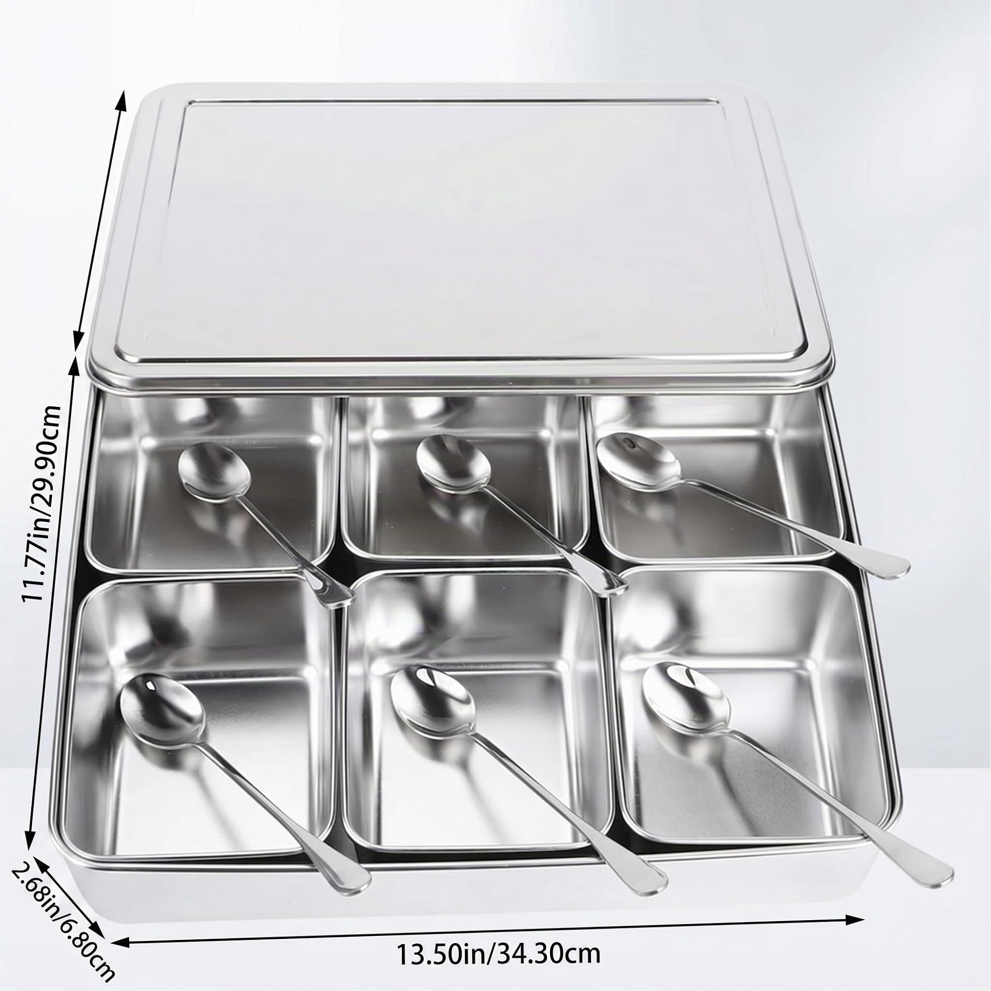 Haofy Caja de condimentos de acero inoxidable, contenedor de almacenamiento de condimentos con 6 rejillas, juego de contenedores de tarro de especias con cucharas, utensilios de cocina