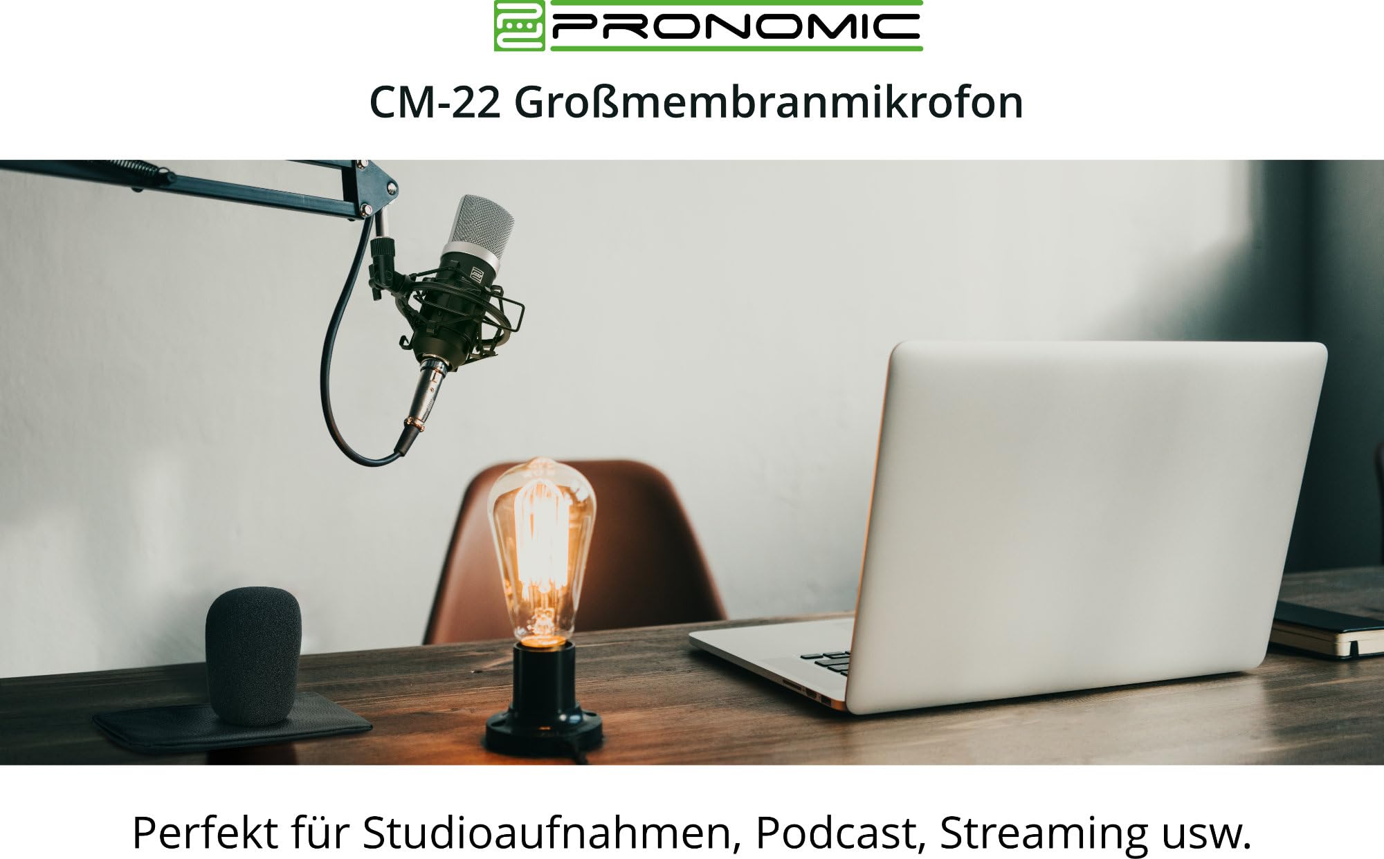 Pronomic CM-22 Studio Großmembranmikrofon XLR-Kondensatormikrofon (mit Mikrofonspinne, Etui, Windschutz, Reduziergewinde und Transportkoffer) schwarz