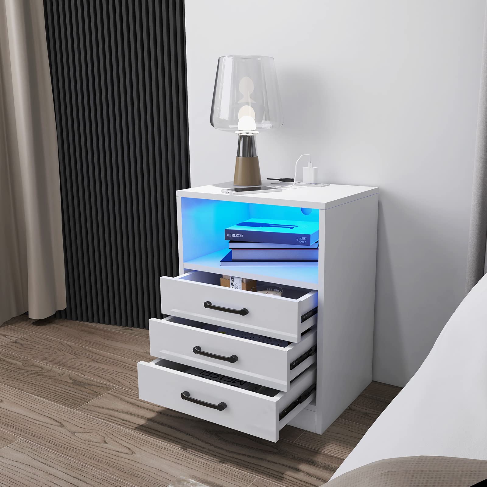 Set van 2 nachtkastjes met LED-verlichting en 16 kleuren RGB LED 2 laden wit hoogglans opbergmeubel met 1 deksel scharnier nachtkastje voor slaapkamer (stijl 2