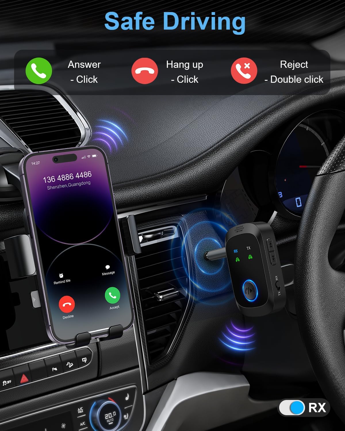 Ankilo Bluetooth Adapter showing safe driving features with hands-free calling in a car.