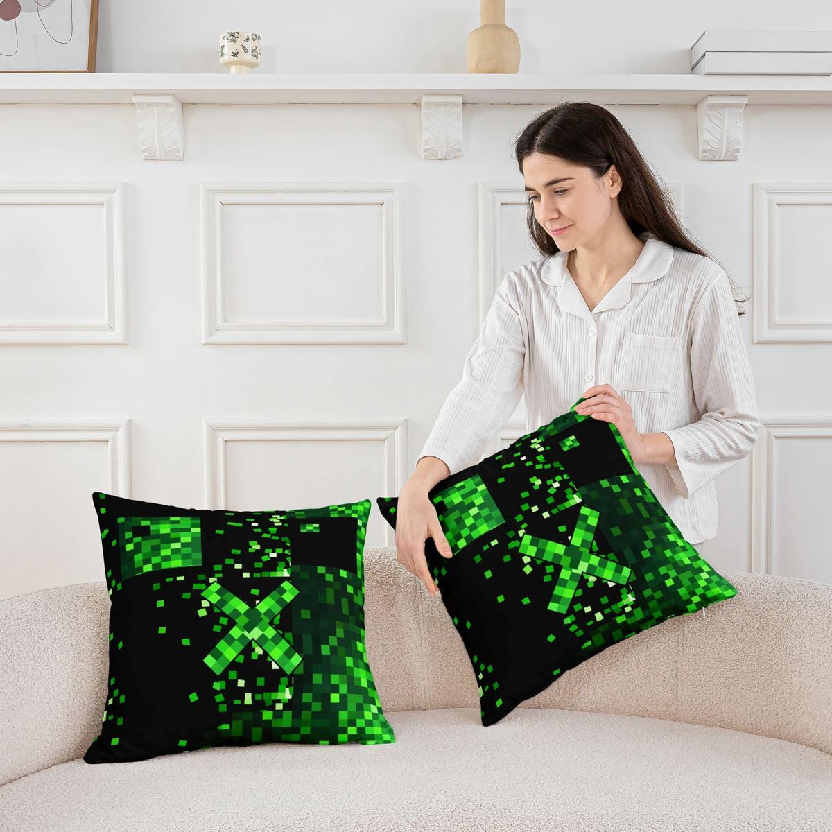 Pixel Grid Pillow Cover Pack of 1,Black Green Pixelated Cross Pattern Throw Pillow Cover 22"x22",Block Building Theme Cushion Case Set for Bedroom Office,Retro Pixel Cushion Covers for Kids Adults image 5