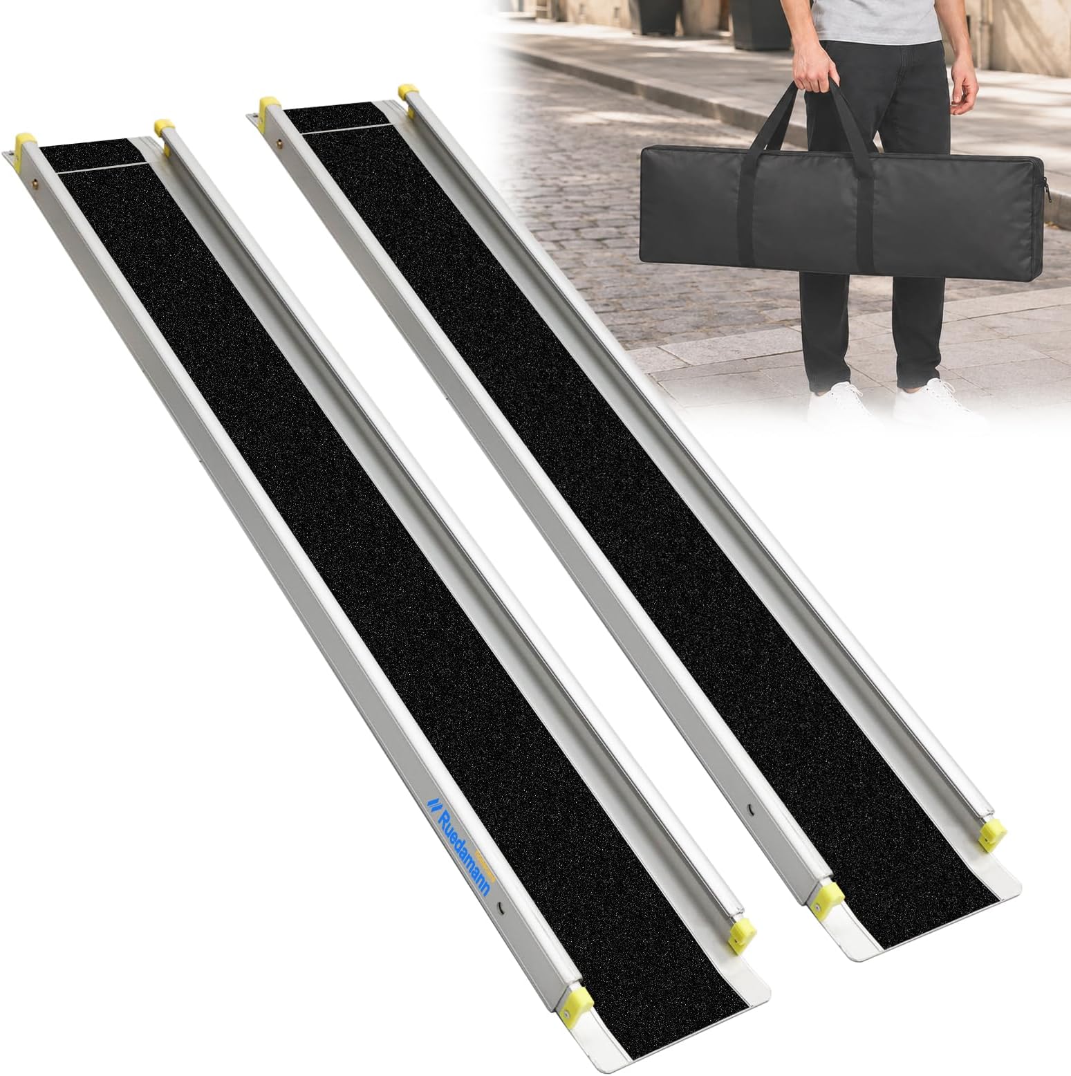 Ruedamann 8FT Telescopic Wheelchair Ramp with Handle, 8" Wide, 2PCS