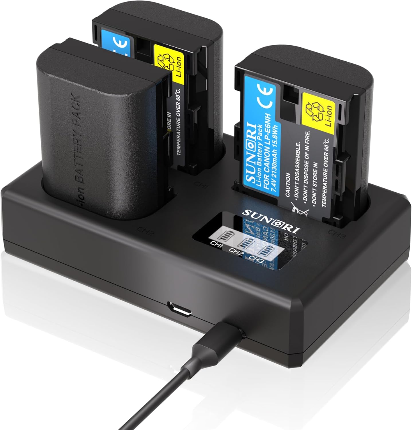 3-Pack LP-E6NH Battery and Triple Slot Charger Compatible for Canon EOS R7, R6, R5, R, 7D, 7D Mark II, 6D, 6D Mark II, 5D Mark IV Mark III Mark II, 5DS, 5DS R, 80D, 90D, 2130mAh