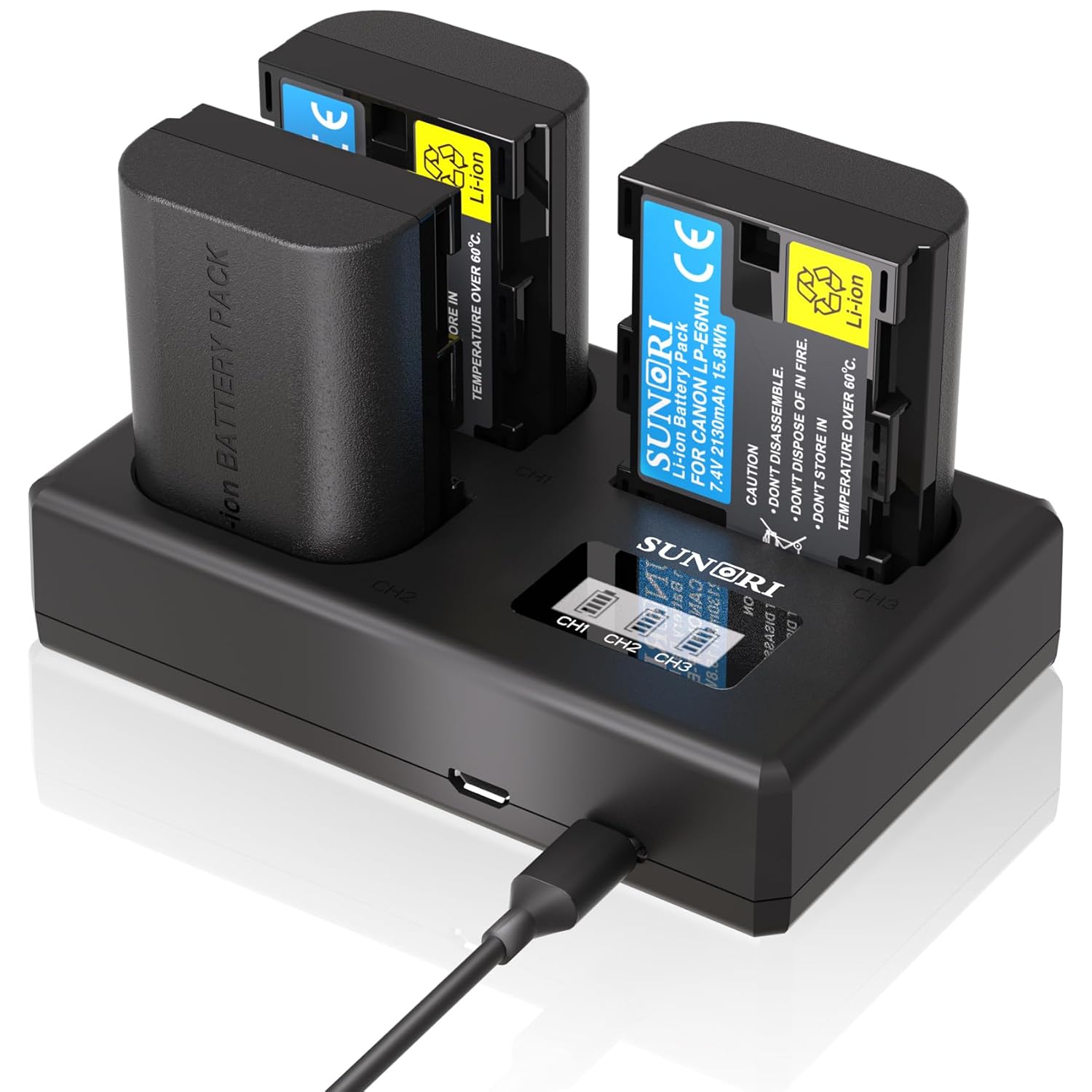 3-Pack LP-E6NH Battery and 3-Slot Charger Set, Compatible for Canon EOS R7, R6, R5, R, 7D, 7D Mark II, 6D, 6D Mark II, 5D Mark IV Mark III Mark II, 5DS, 5DS R