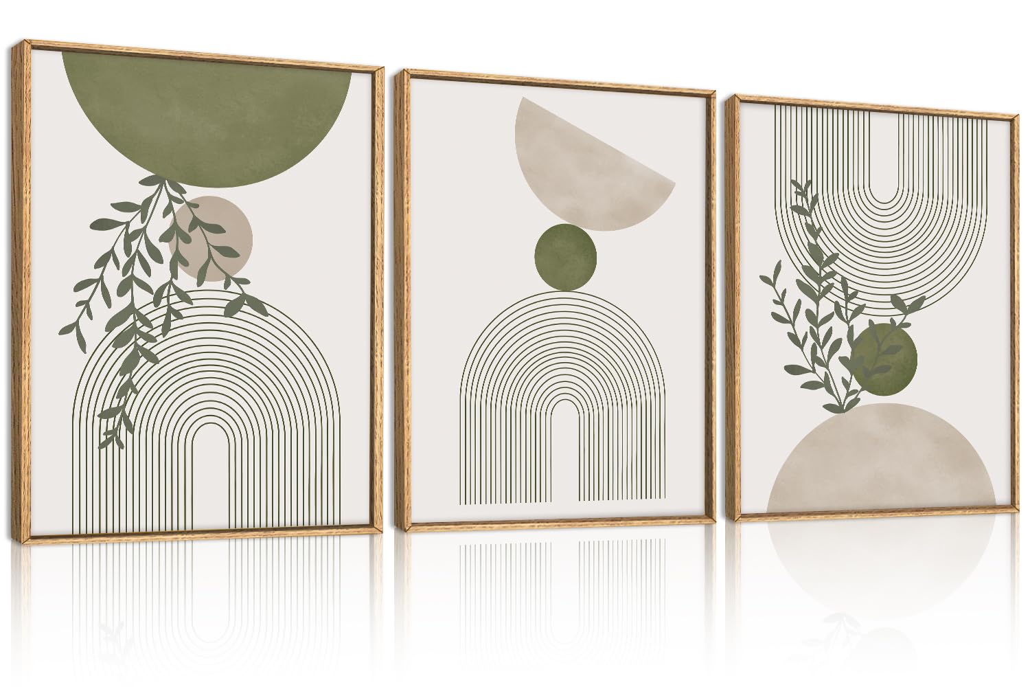ANHUIB Boho Abstract Wall Art Canvas,Sage Green Wall Decor Framed,Geometric Line Art Prints Leaves,Minimalist Artwork Botanical,3 Piece 16x12In Beige Nature Painting for Living Room Bedroom