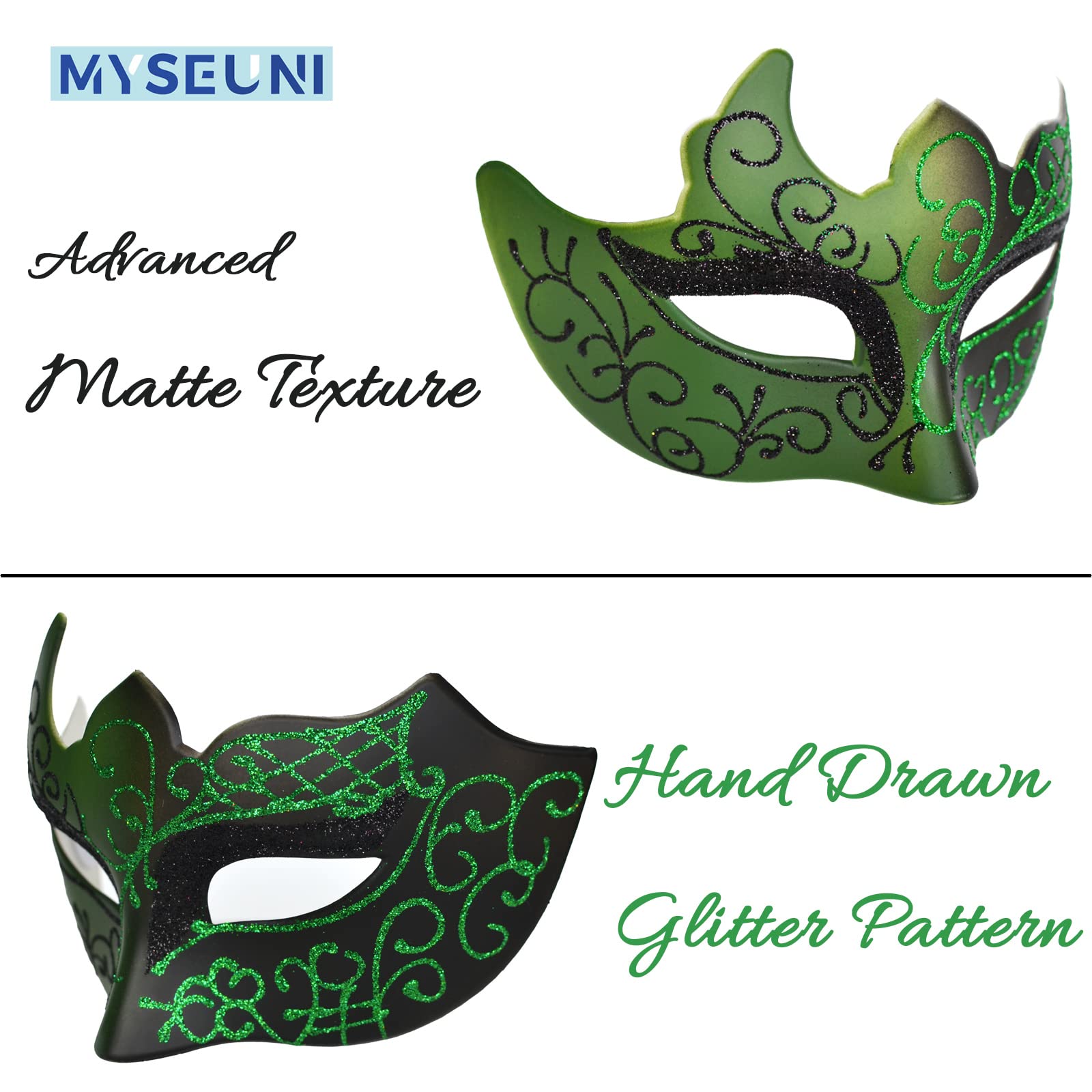 MYSEUNI Green Masquerade Mask for Couples, Shiny Rhinestone Women's Mask & Venetian Men's Mask for Halloween Mardi Gras - Image 3