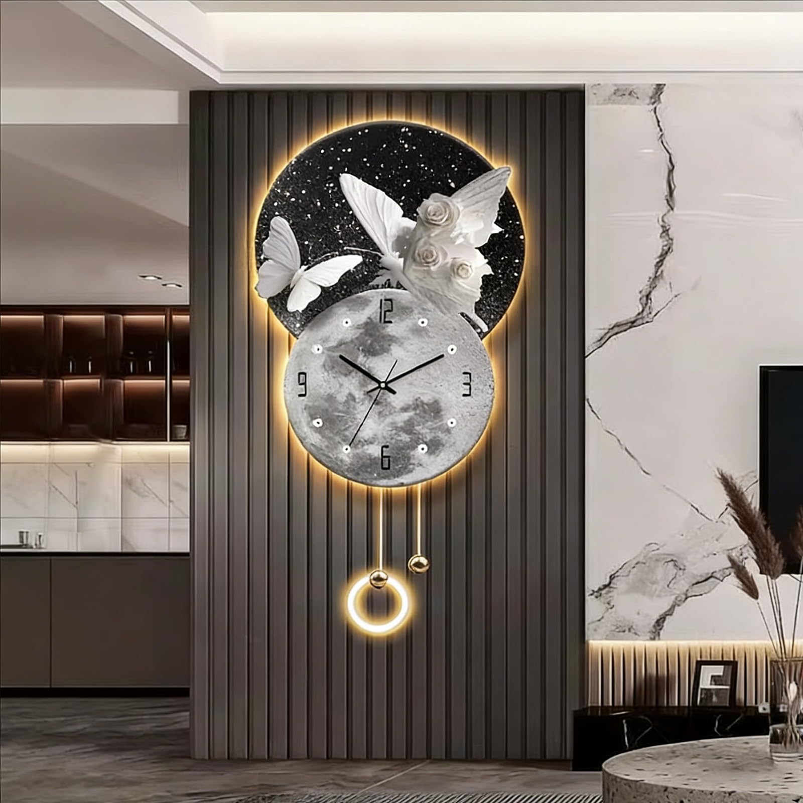 Art mural 3D LED avec horloge lunaire décoration murale silencieuse