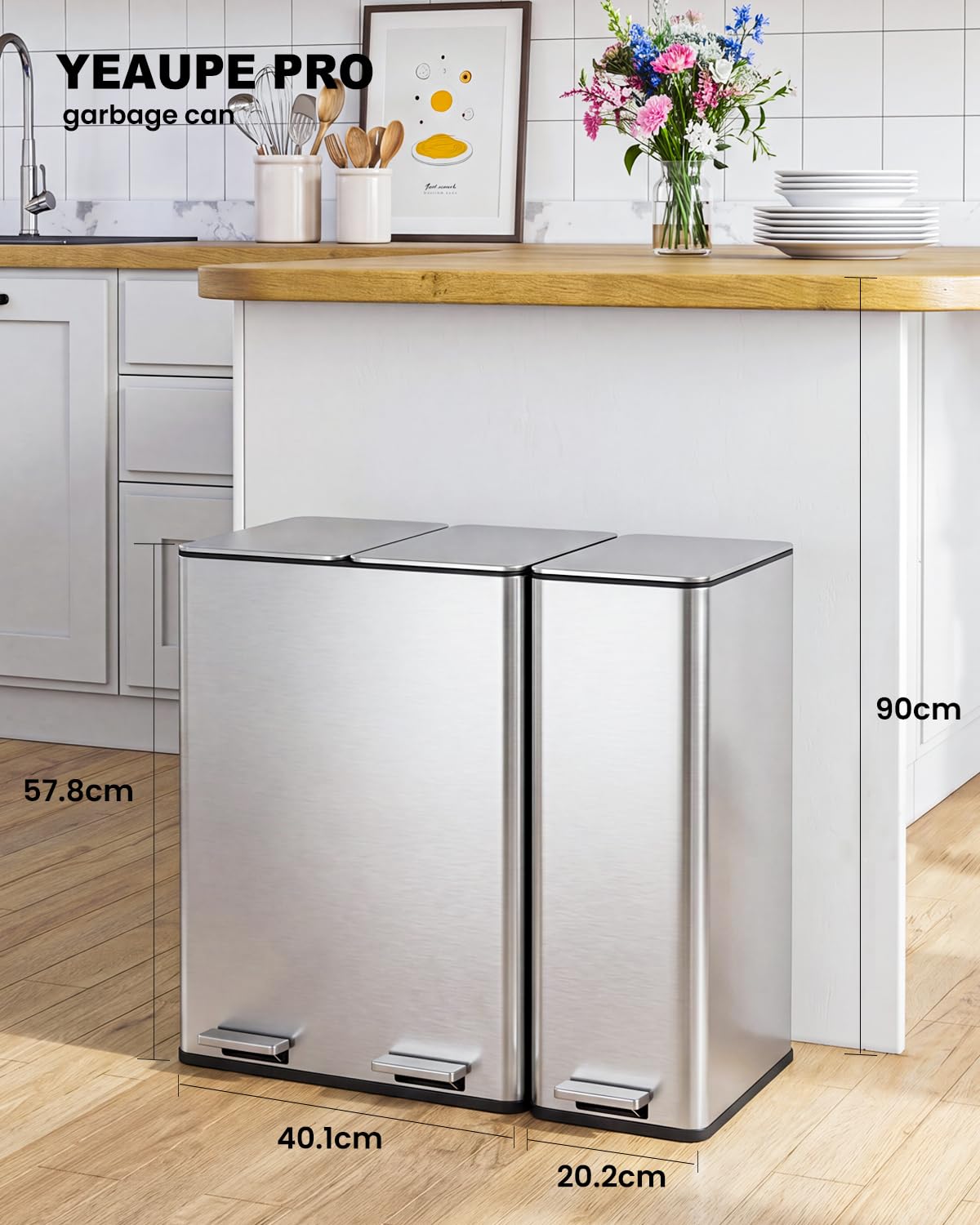 YEAUPE PRO Cubo de basura de cocina de 20 + 40 litros, cubo de basura de 3 compartimentos para reciclaje y residuos, tapas de cierre suave, pedales, cubos interiores, cubo de basura con pedal de acero