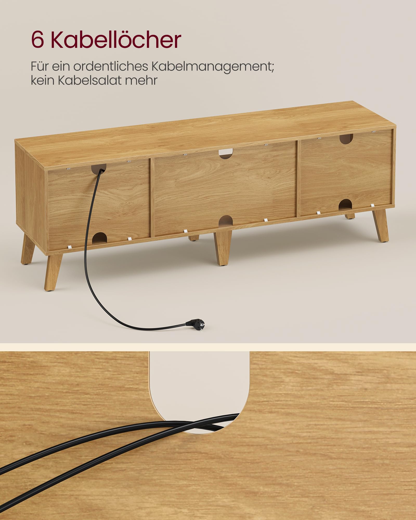 VASAGLE TV-Schrank, Lowboard, Fernsehschrank mit Verstellbarer Ablage, für Fernseher bis zu 65 Zoll, 147 cm lang, Übergangsstil, Fernsehtisch, Wohnzimmer, natureichenfarben-cremeweiß LTV556Y01