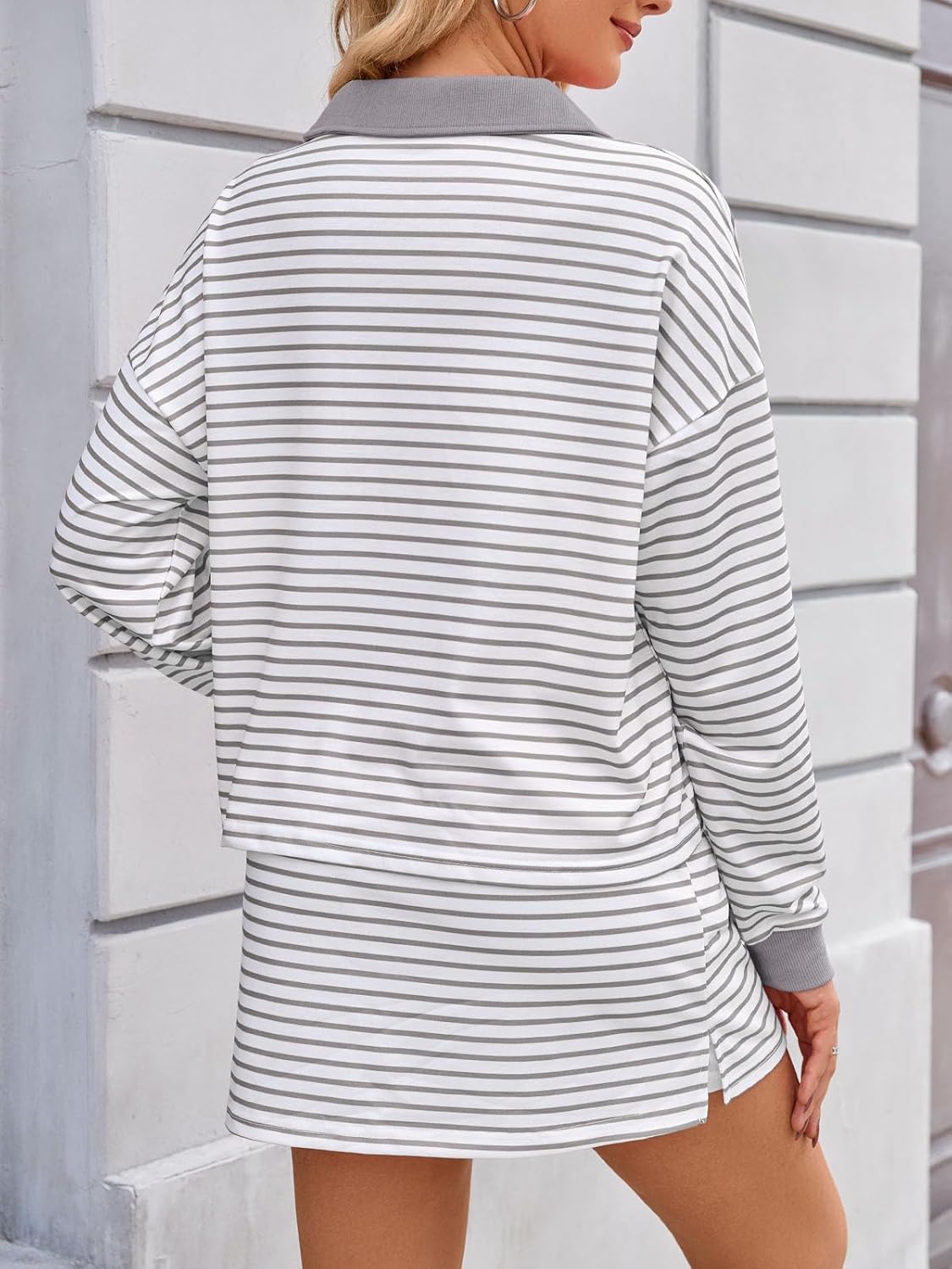 Womens 2 Piece Set Striped Sweatshirt Skirt Set Casual Long Sleeve Skort Workout Matching Lounge Set with Pockets - Image 4