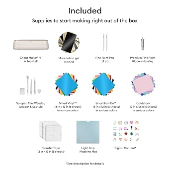 Cricut Kit Maker 4 - Smart Cutting Machine, Shell Color, Includes Smart Vinyl, Cardstock, Transfer Tape, HTV Iron, Base, Pens, One