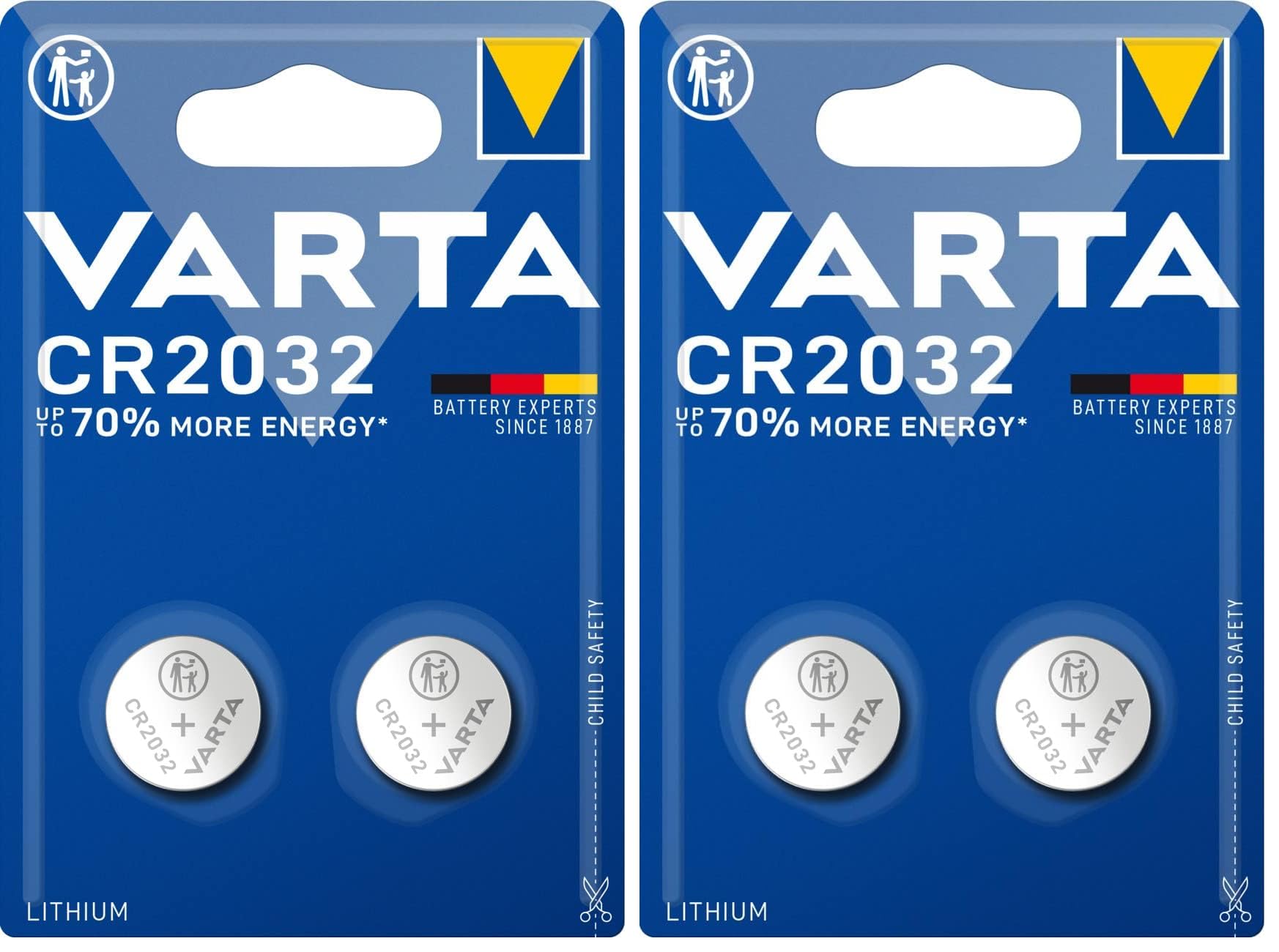 VARTA Piles Bouton CR2032, Lot de 4, Lithium Coin, 3V, Emballage sécurisé pour L
