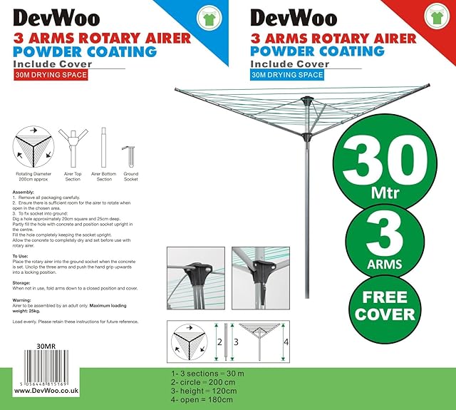 3 Arms 30m Rotary Tree umbrella system Garden Washing Line Clothes Airer Dryer Pole Powder Coated Steel Folding Laundry outdoor Support prop Airer