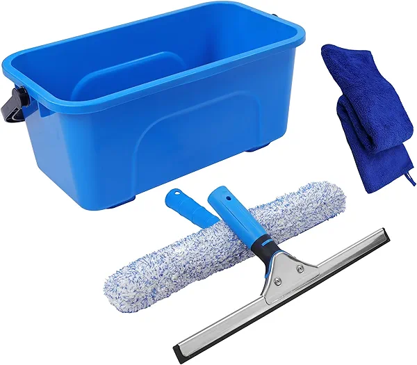 HYCDFCS Squeegee for Window Cleaning,Window Cleaning Squeegee kit with Bucket&Microfiber Scrubber,Bathroom,Shower Doors,Mirrors,Tiles,and Car Windows Blue