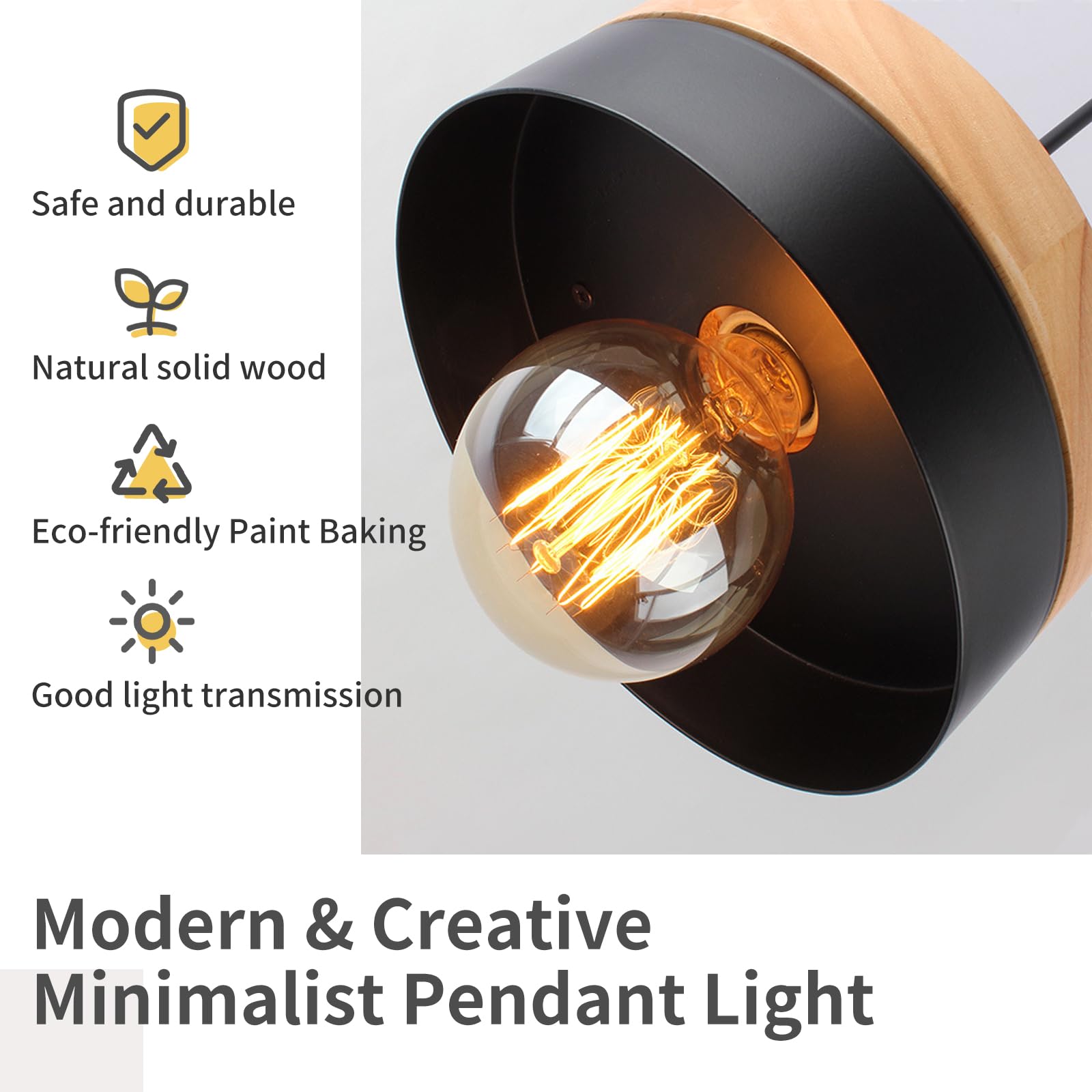 Suspension Luminaire Bois Ronde Rétro Plafonnier Design Vintage E27 Eclairage Intérieur Lumières Lustre Abat-jour Métal Moderne Lampe Suspension Art pour Salon Chambre Cuisine (Noir)