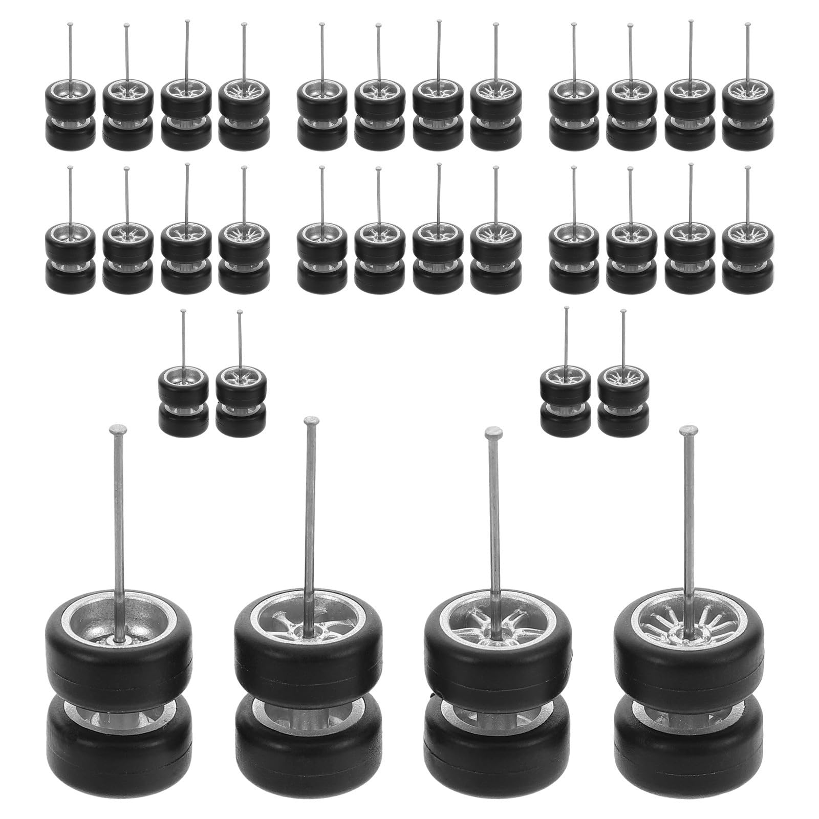 Kisangel 16 Pairs 1/64 Scale Diecast Car Model Replacement Wheels with Realistic Rubber Tires and Silver Alloy Hubs for Cars and Collectors, Compatible with 1/64 Scale Vehicle Accessories