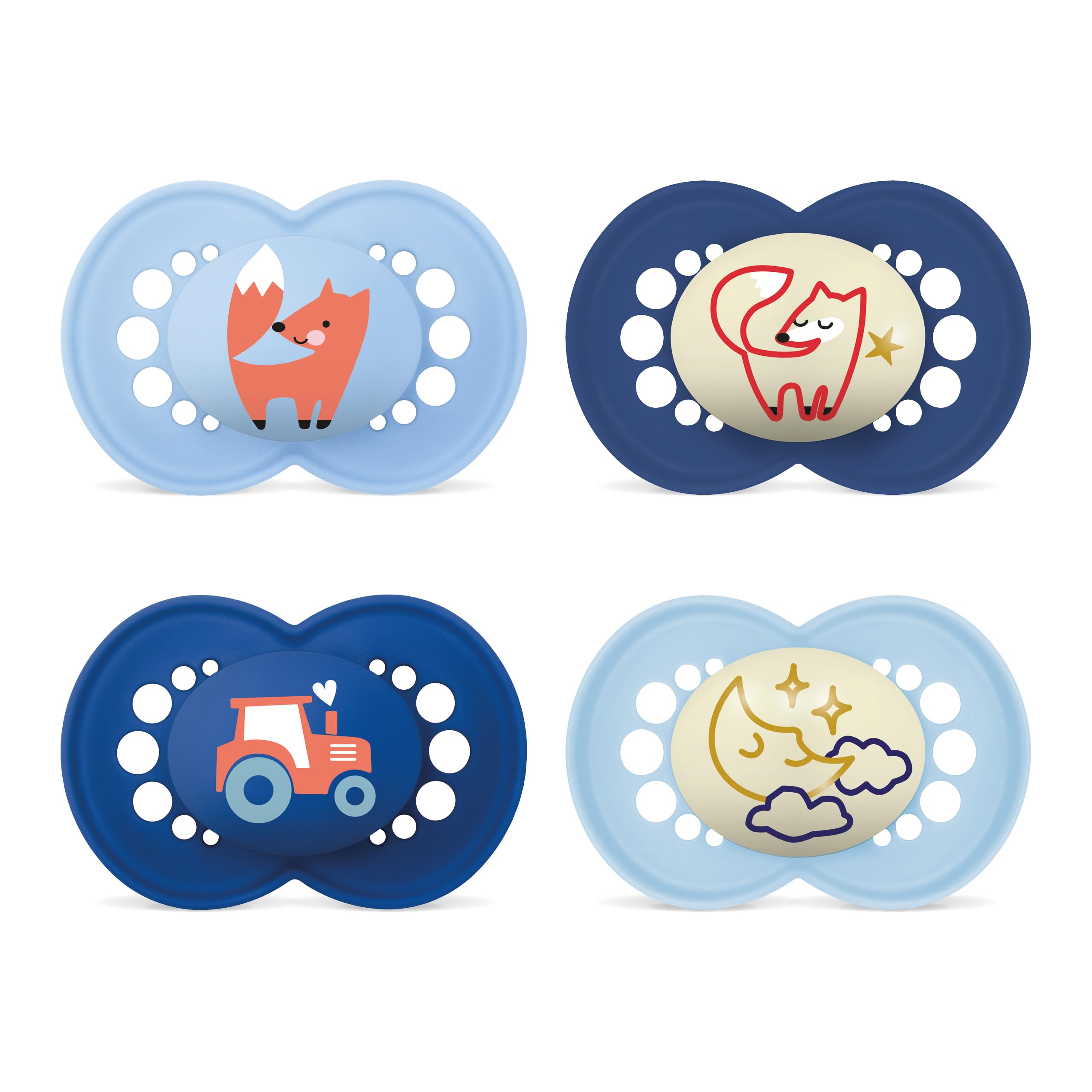 MAM Original Day & Night Matt Schnuller | 16+ Monate | 94% Akzeptanz | Babyschnuller beugt Zahnfehlstellungen vor | mit Zahnmedizinern entwickelt | SkinSoft Silikon | Fuchs/Mond | 4 Stück