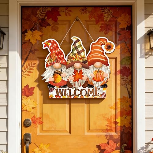 Whaline Letrero colgante de madera de otoño, gnomos, otoño, Acción de Gracias, letrero rústico de puerta de madera para cosecha de otoño, decoración