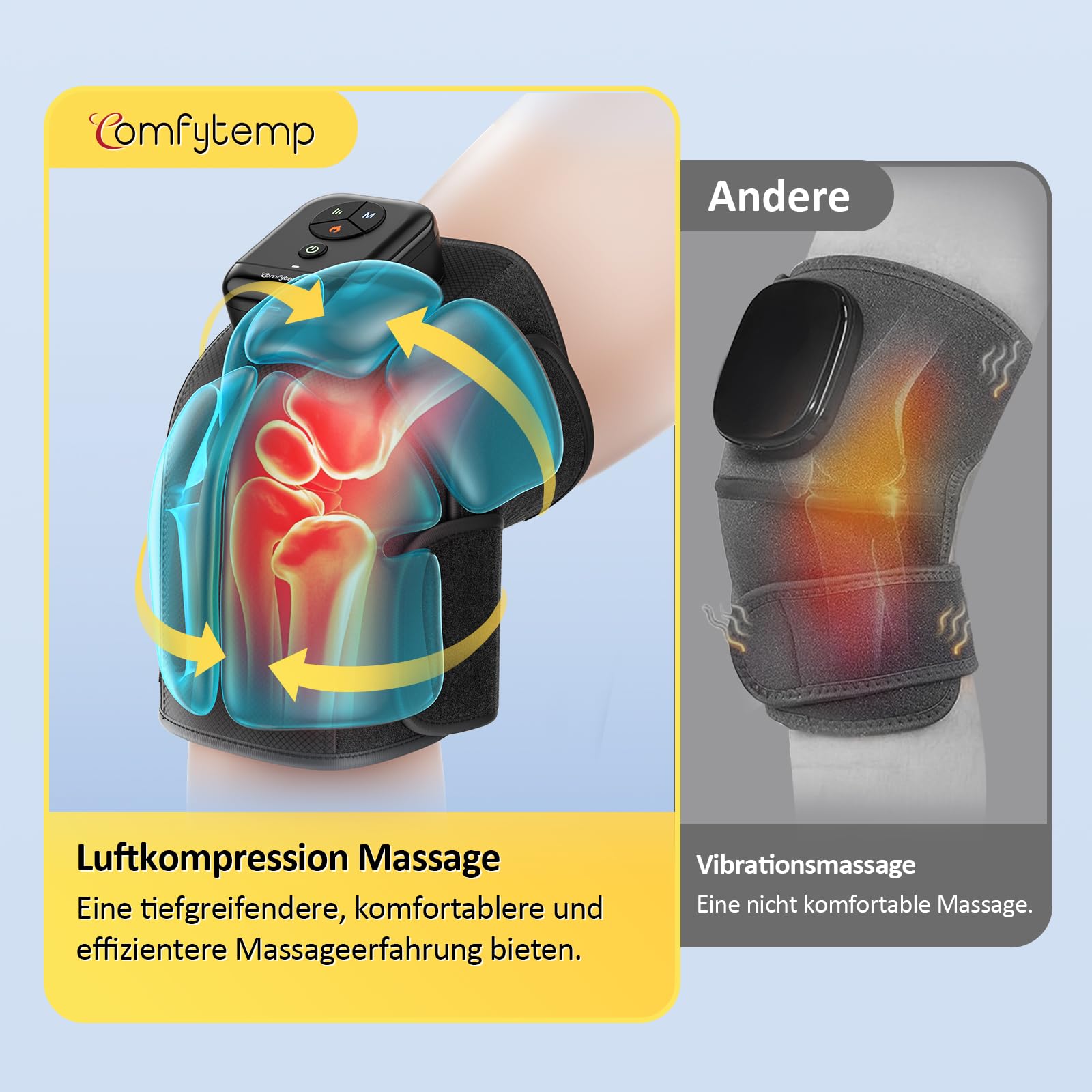 Comfytemp Kabelloses Kniemassagegerät Luftkompression 3D-Massage mit 2500 mAh Akku, Heizungfunktion für Knie mit DIY Kontrolle per App und Knopfdruck Vatertag