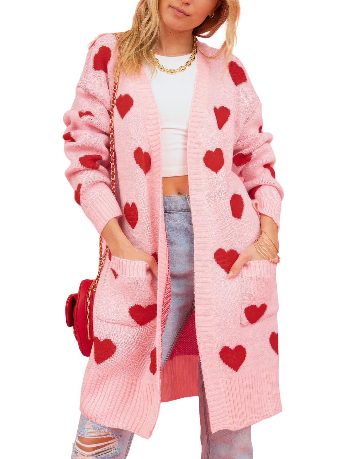 ebossy Womens Cute Heart Graphic Print Cardigan Open Front Jacquard Knit Mid Long Sweater Coat with Pockets